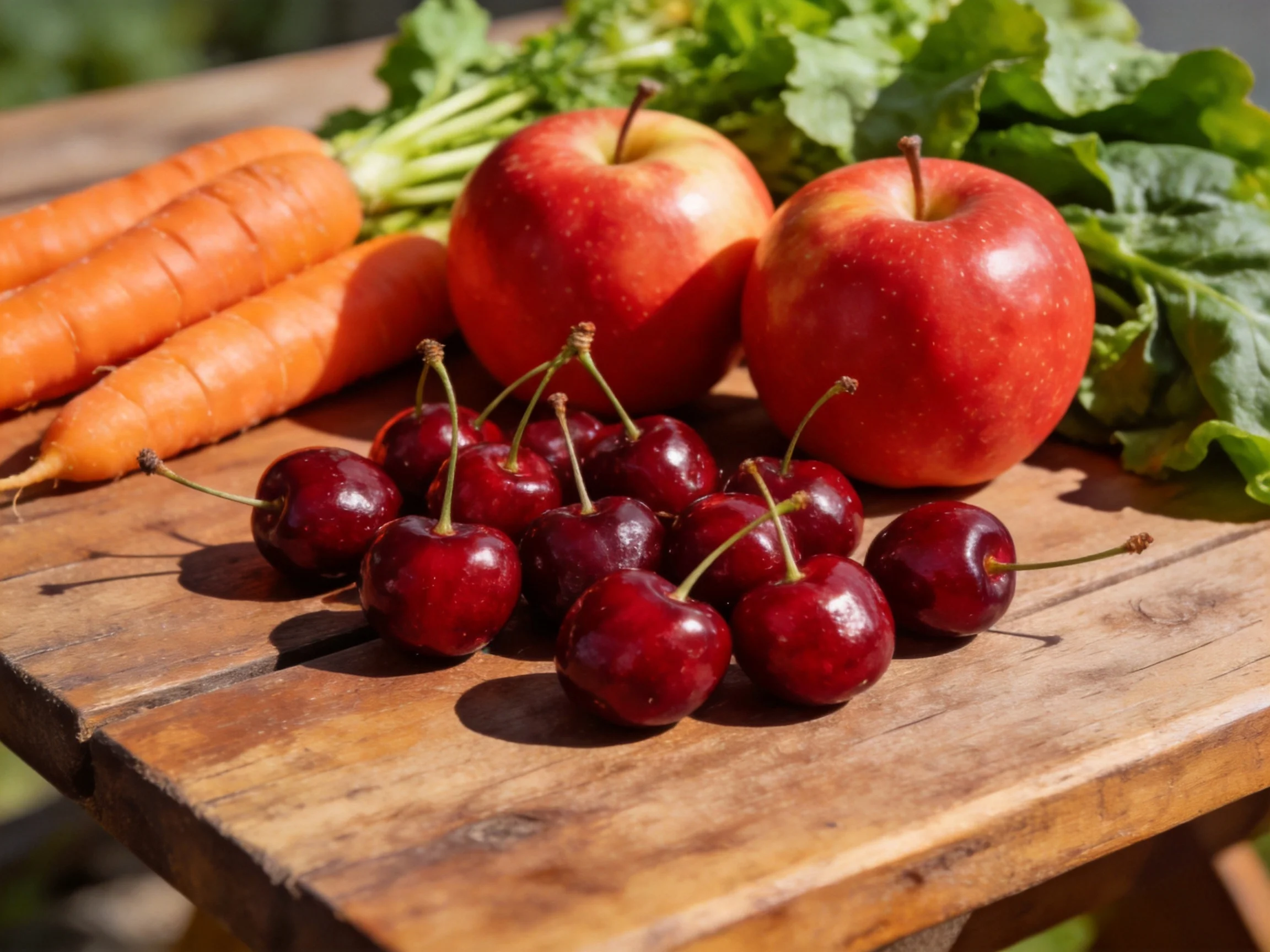 Three orange carrots, two red apples, dark cherries, and green leafy vegetables on a rustic wooden ta