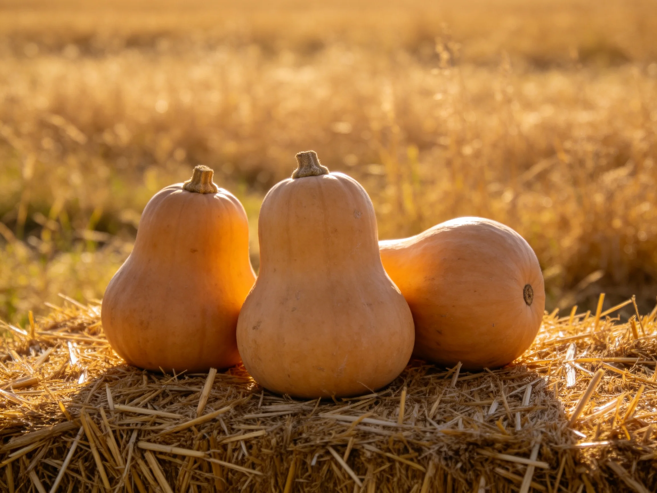 Three orange-hued squash sit atop a straw bale in a sunlit golden field