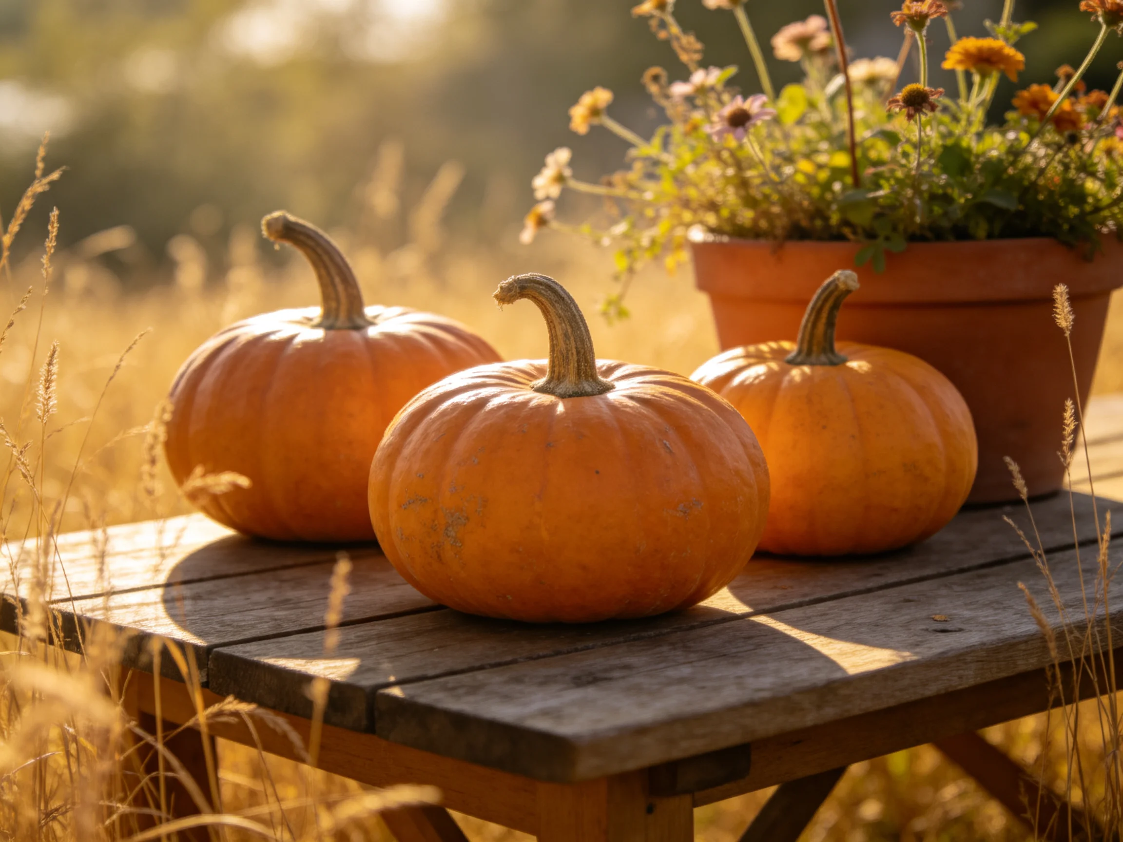 Three orange pumpkins sit on a weathered wooden table near a flower pot in golden field
