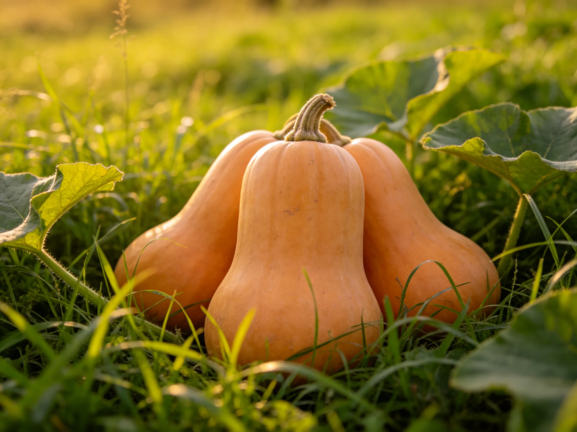 Three orange squash nestled among lush green grass and large leaves