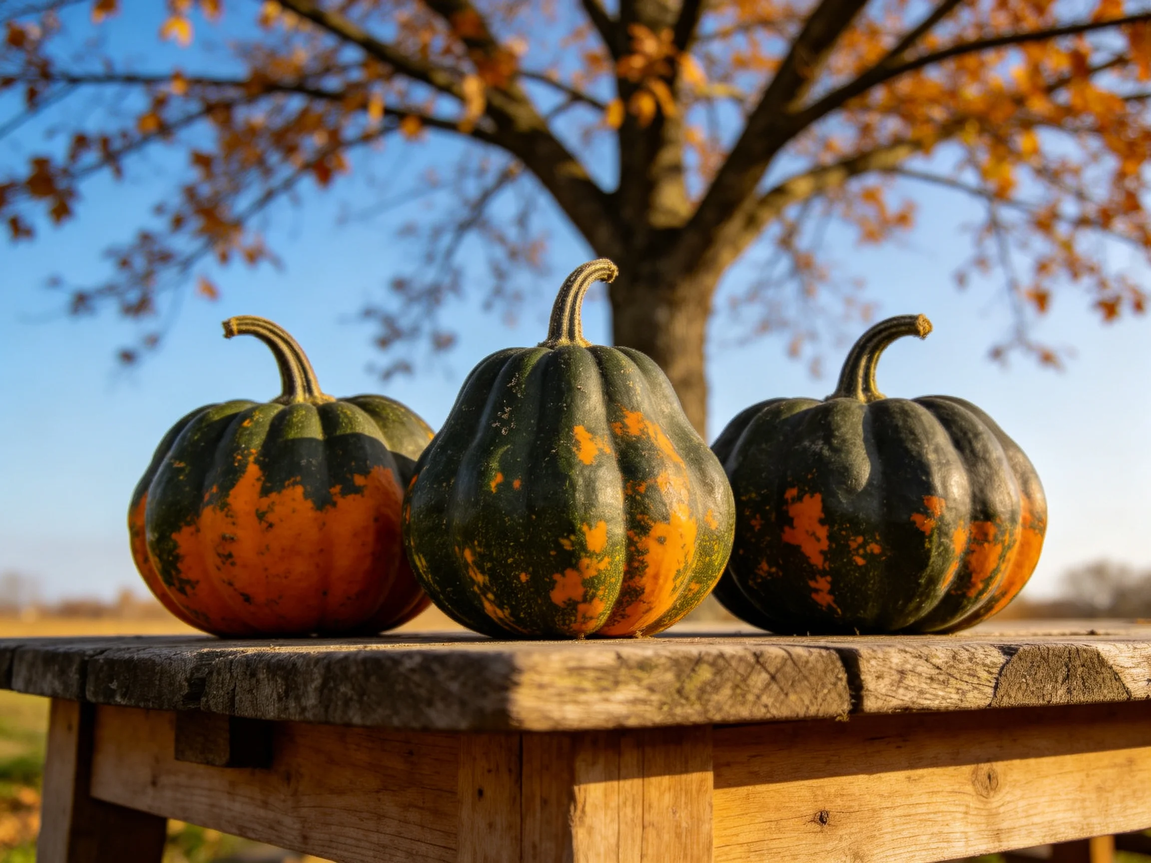 Three ornate acorn squashes with green and orange hues sit atop a wooden table near an autumn tree