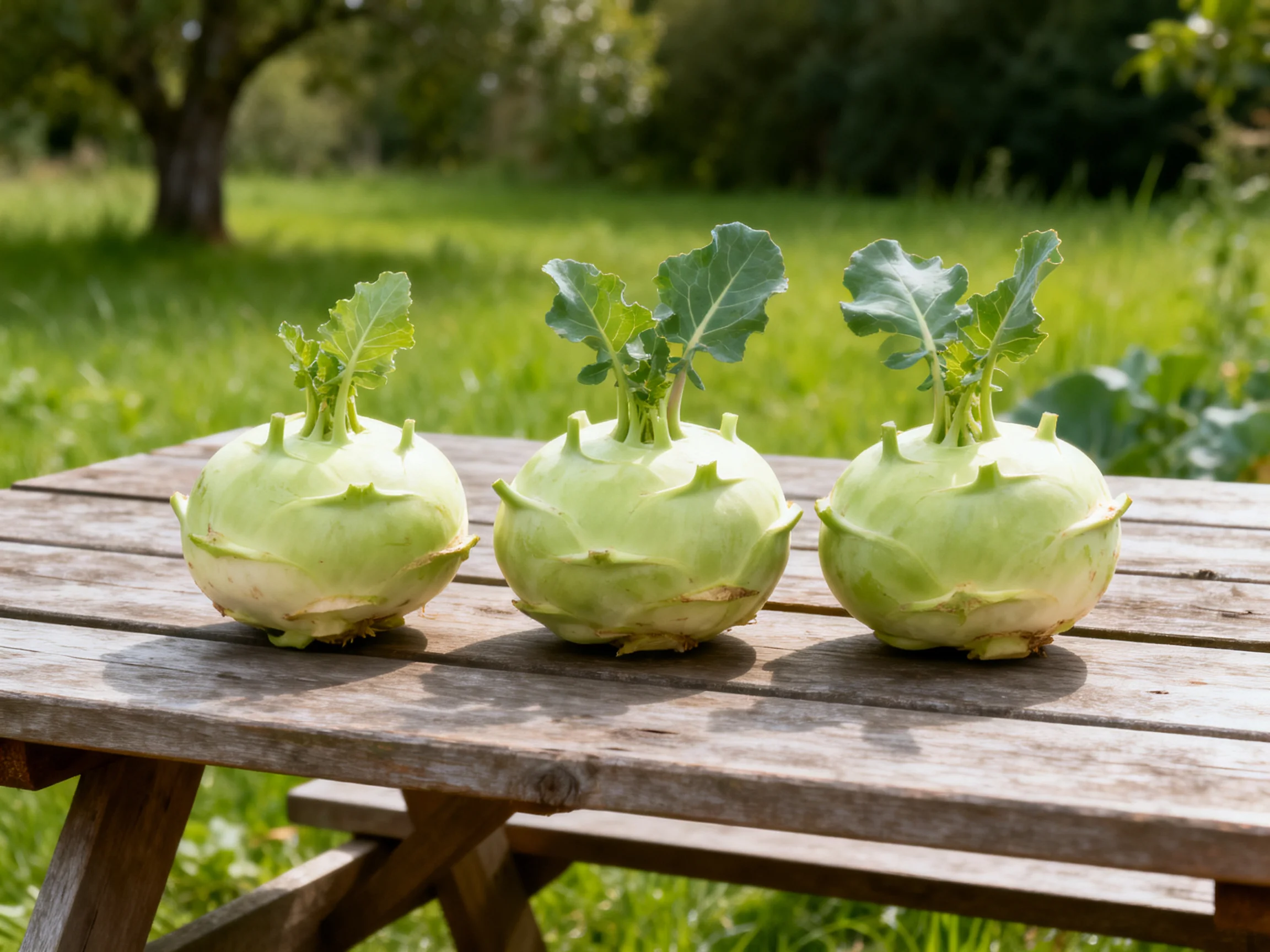 Three pale green kohlrabi bulbs arranged on an aged wooden outdoor table