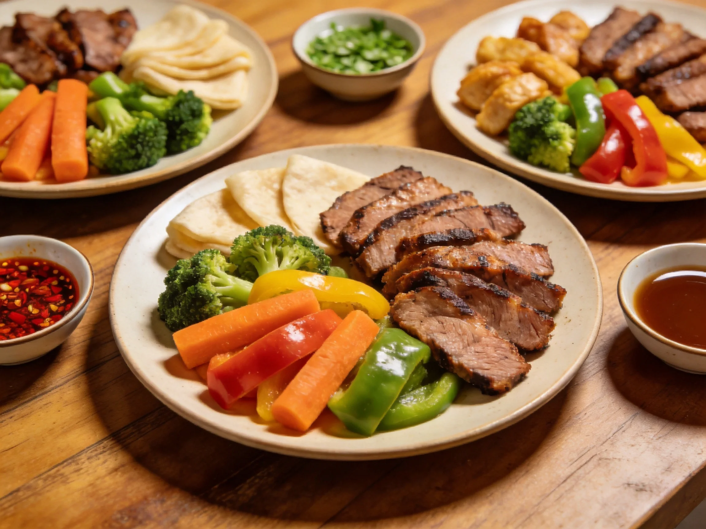 Three plates of grilled meat with colorful vegetables and dipping sauces