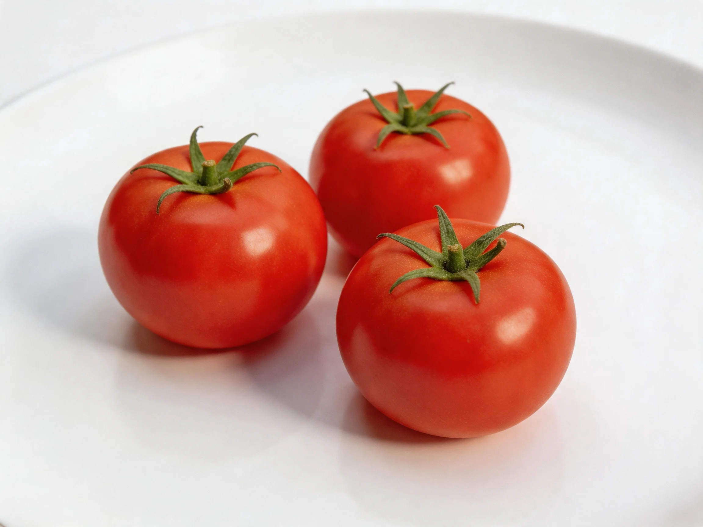 Three plump, vibrant red tomatoes displayed on a smooth white plate