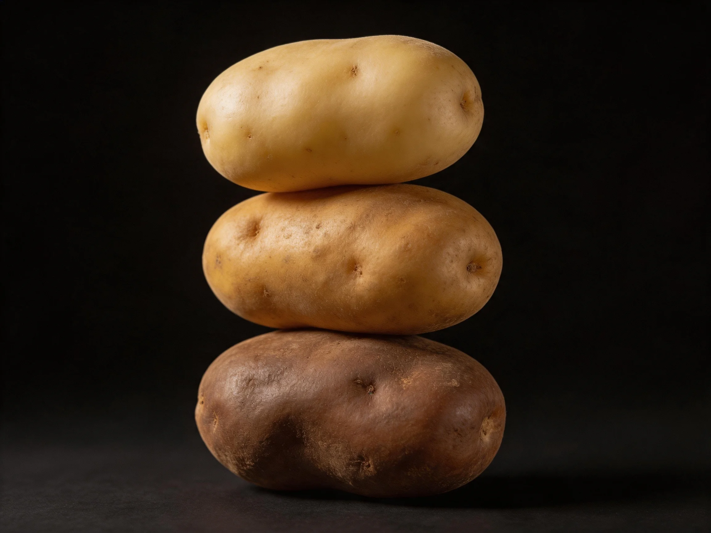 Three potatoes stacked vertically with distinct skin colors and hues