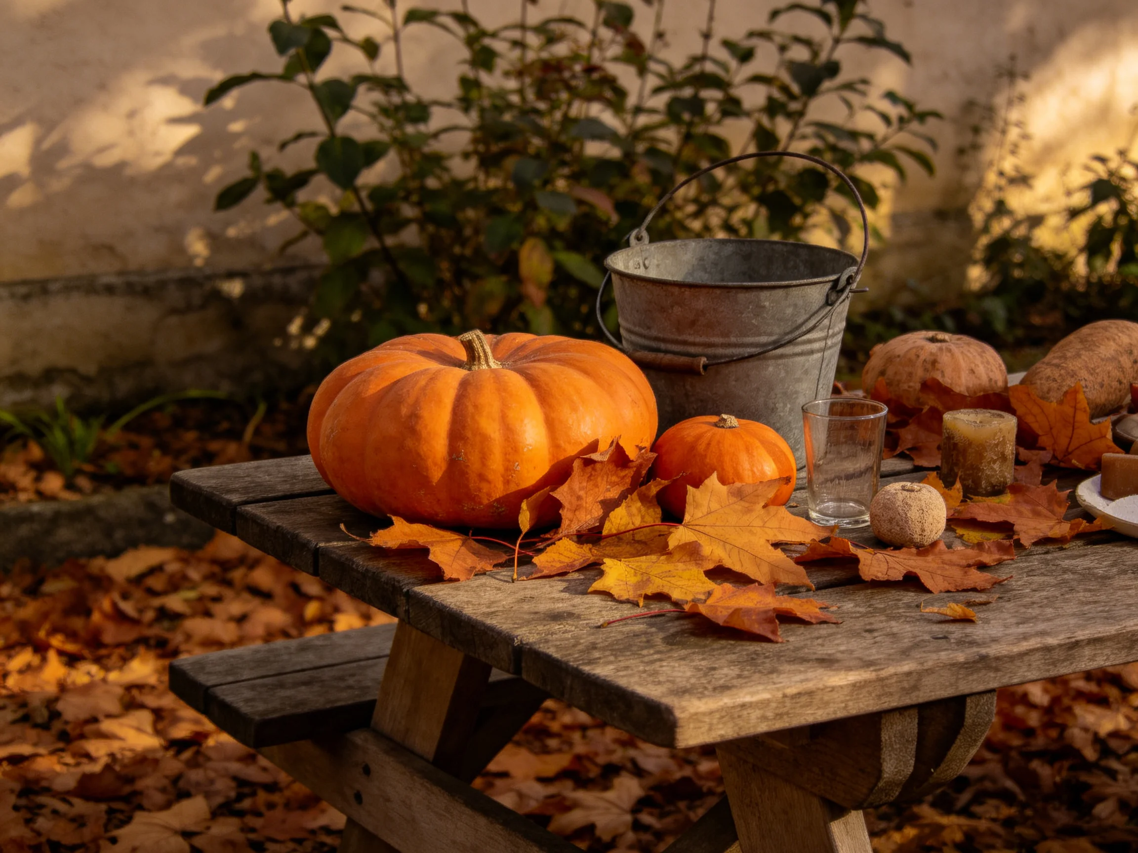 Three pumpkins, autumn leaves, and metal bucket on weathered wooden table