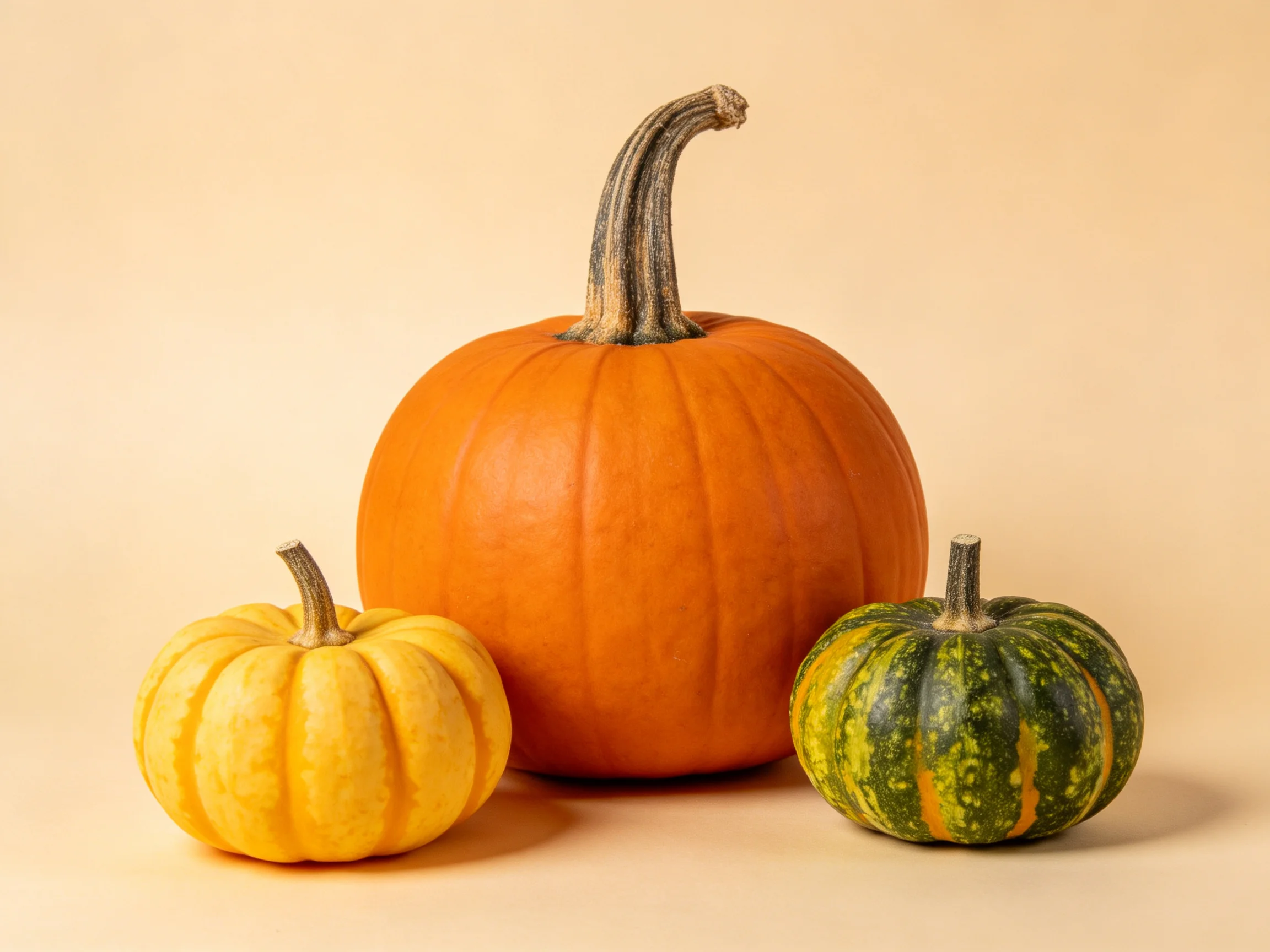 Three pumpkins in orange, yellow, and green-speckled varieties with distinct stems
