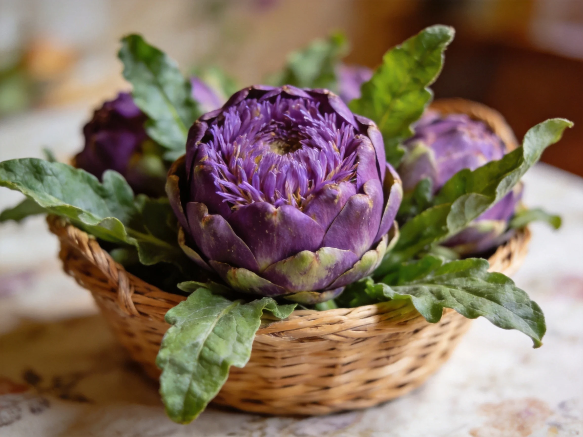 Three purple artichokes with green leaves in a wicker basket