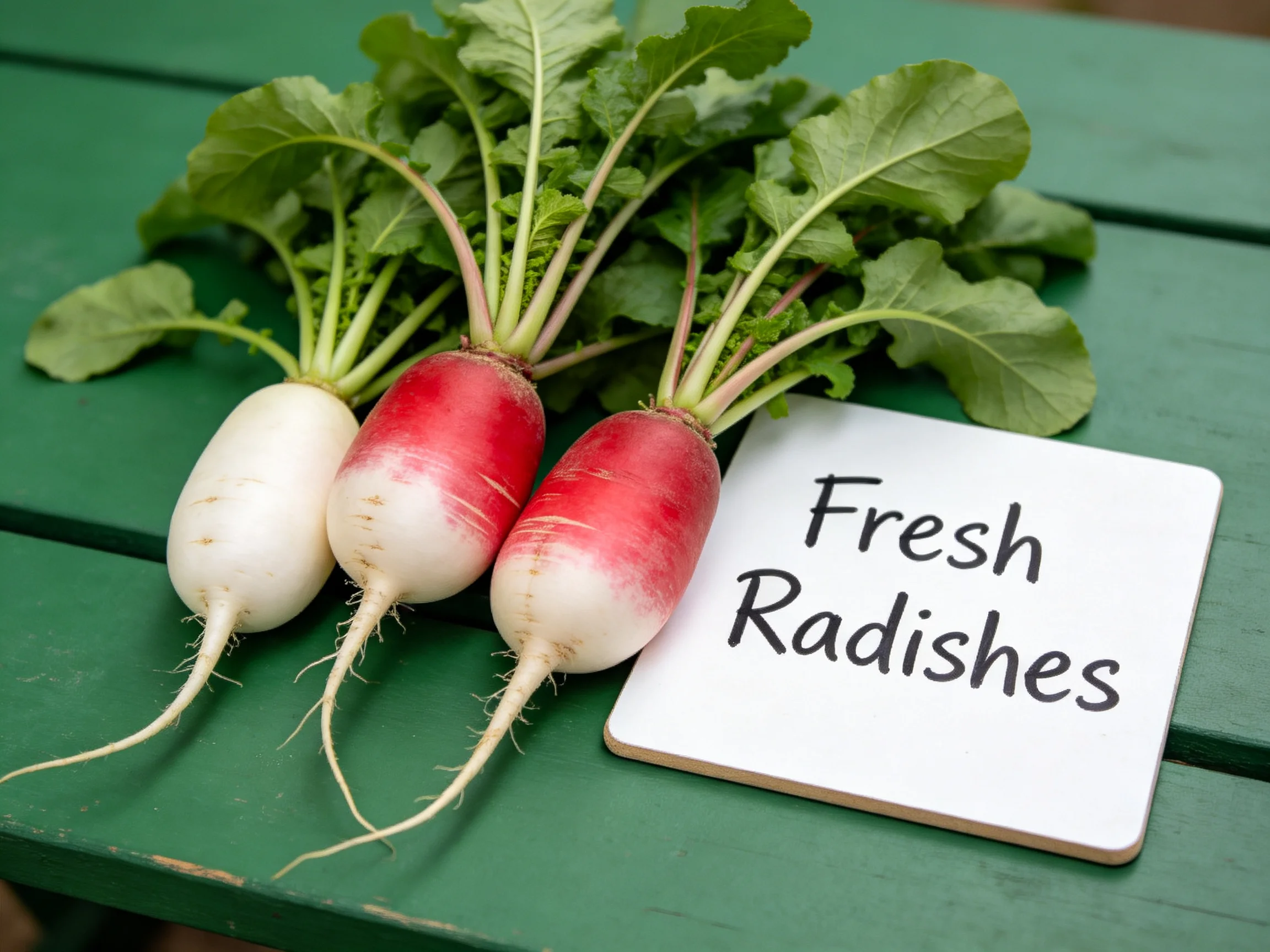 Three radishes in white and red hues near a Fresh Radishes sign