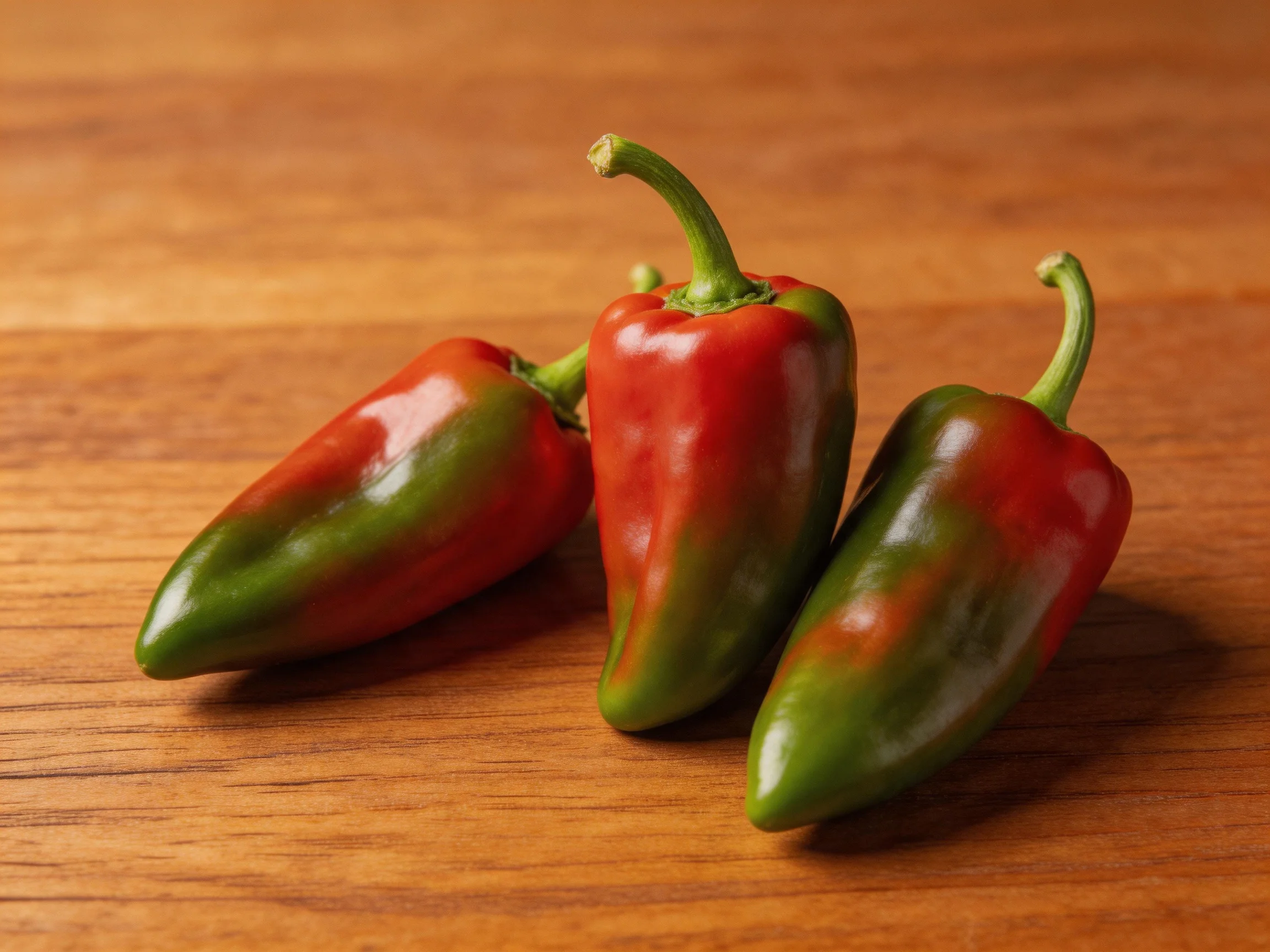 Three red-green bell peppers arranged on a wooden surface
