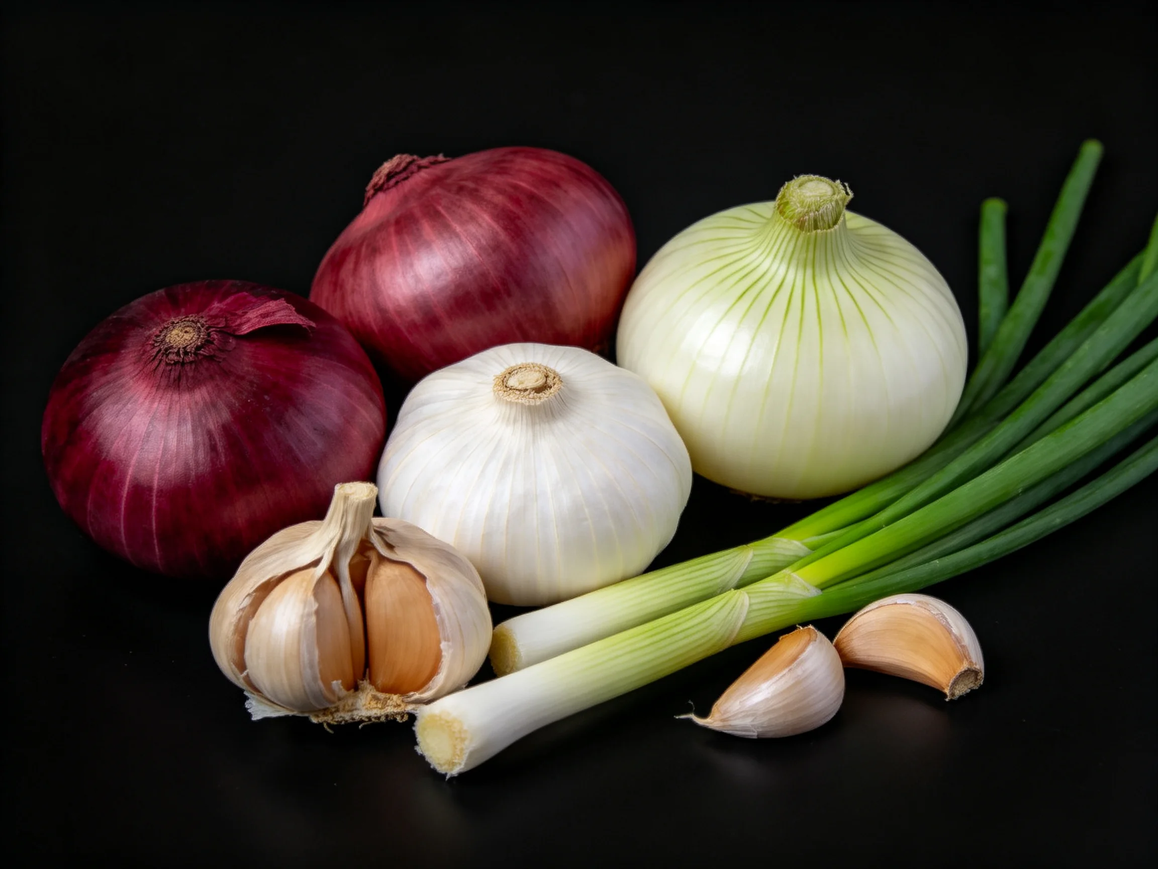 Three red onions, two white onions, garlic bulbs, and green scallions arranged on black