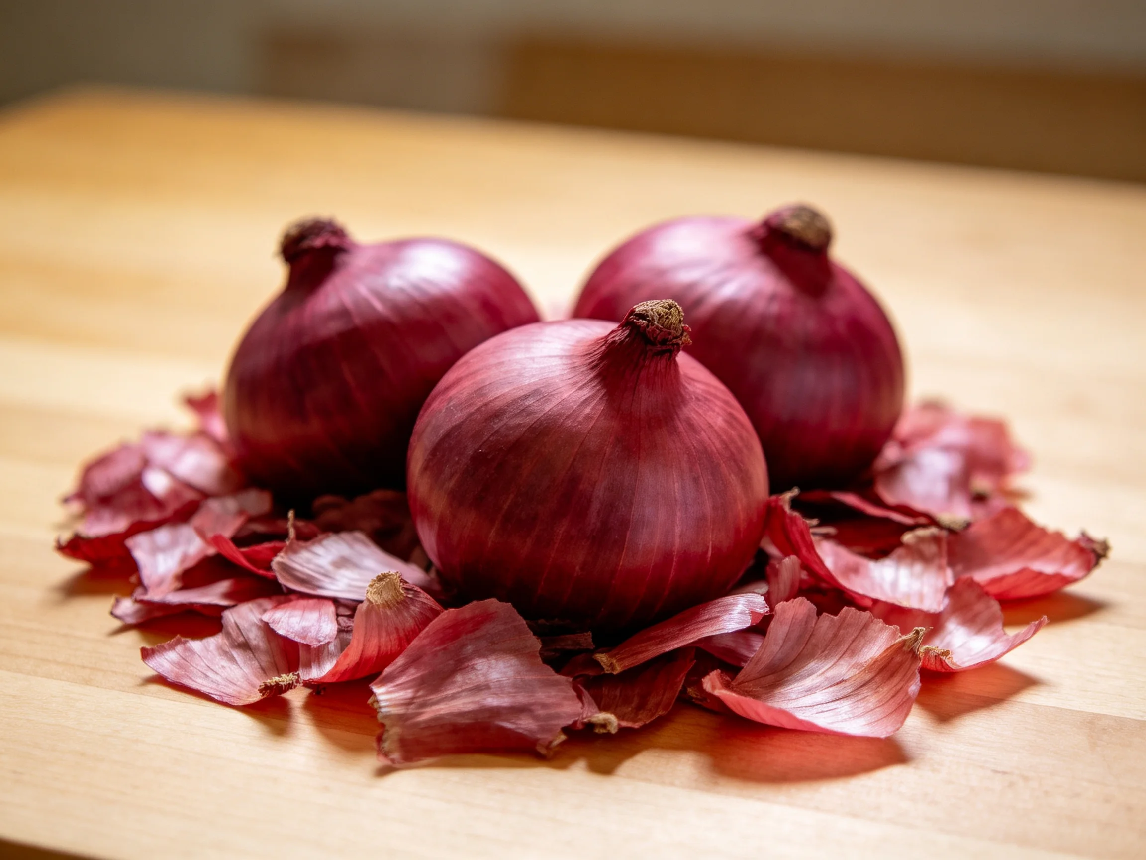Three red onions with peeled skins on a wooden cutting board