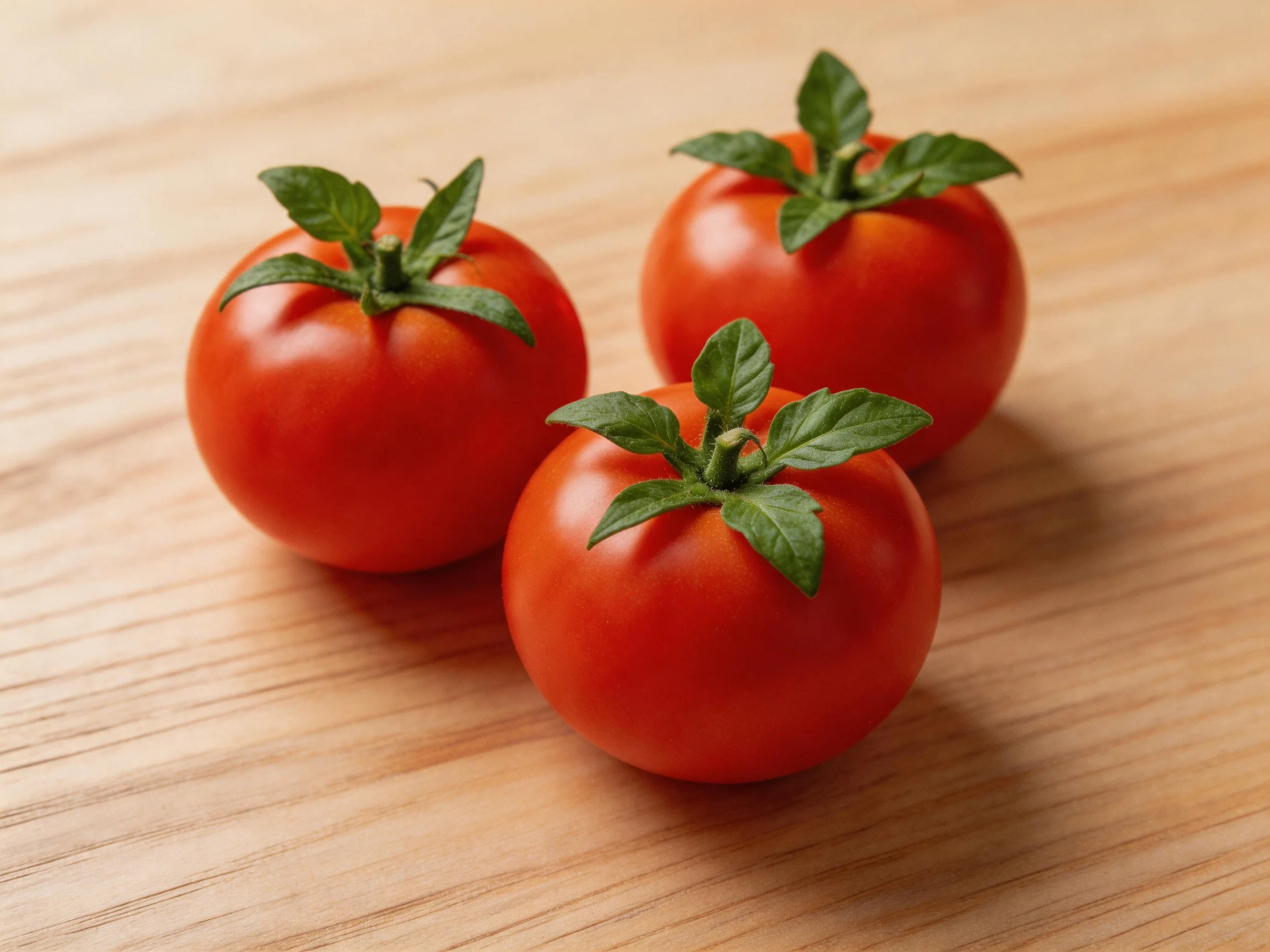 Three ripe red tomatoes with green stems on a wooden surface