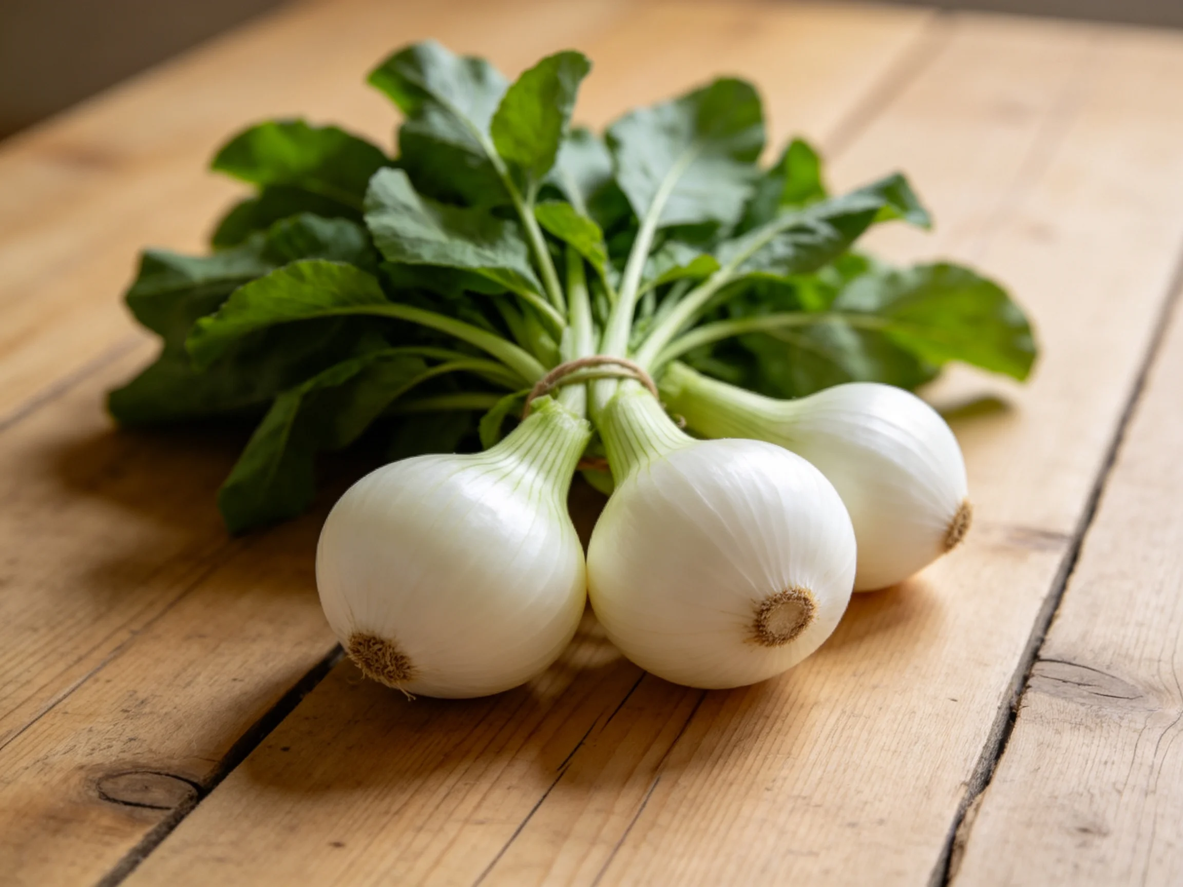 Three round white onions with green tops on a wooden table