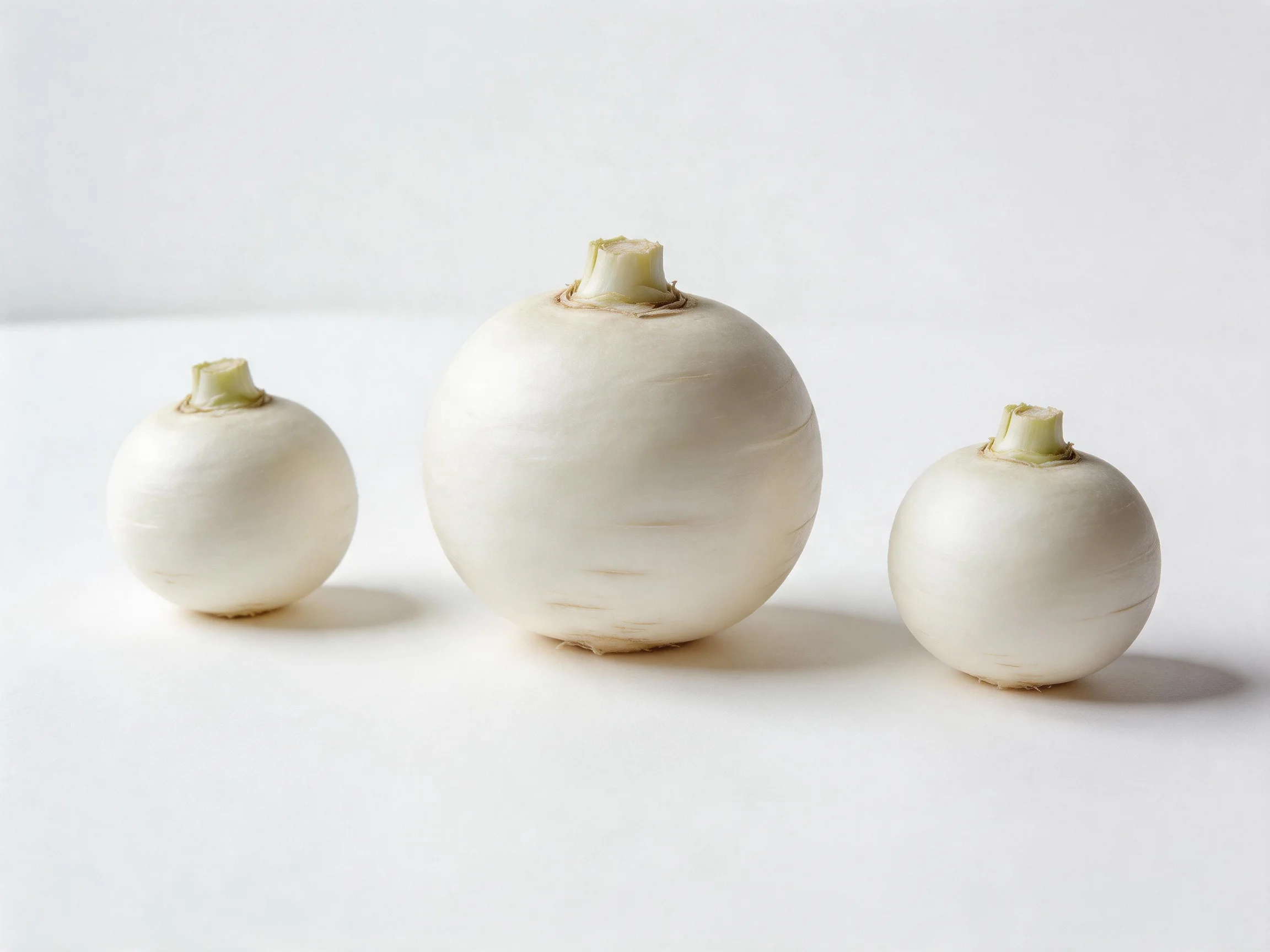 Three round white root vegetables arranged on a plain white surface