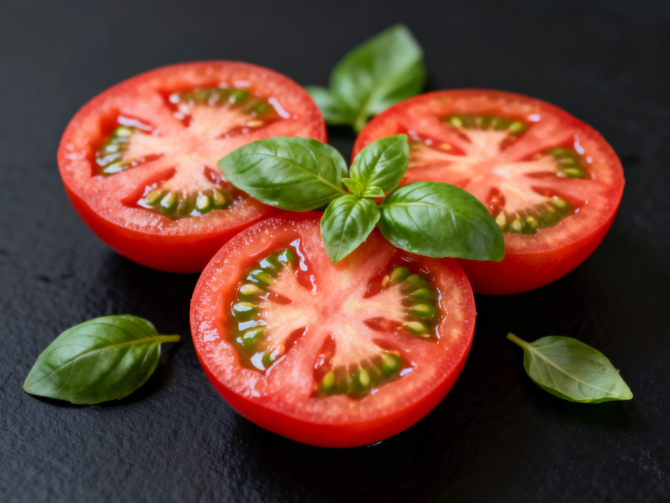 Three sliced red tomatoes with fresh basil leaves on a dark slate