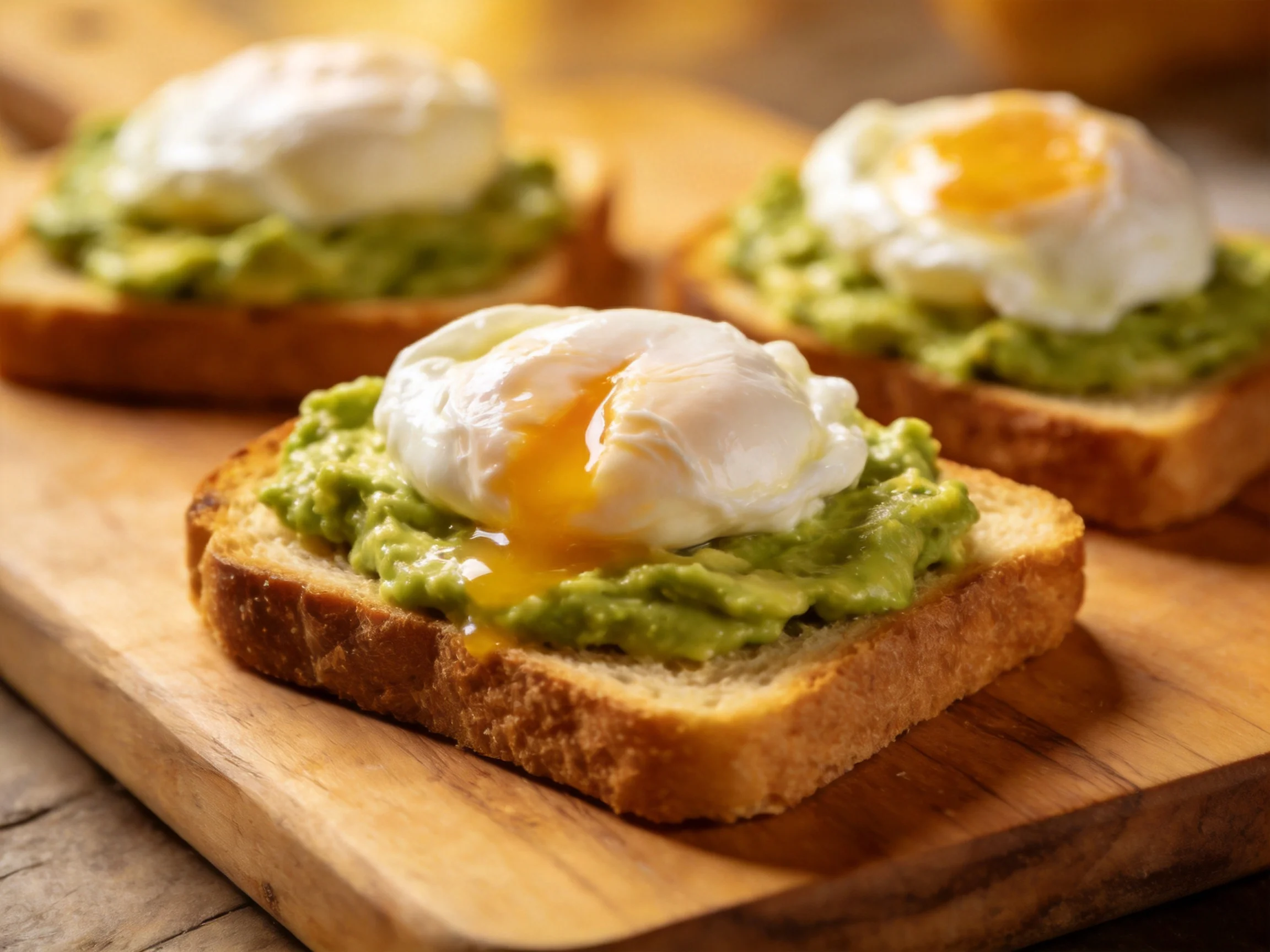 Three slices of toasted bread topped with avocado and poached eggs