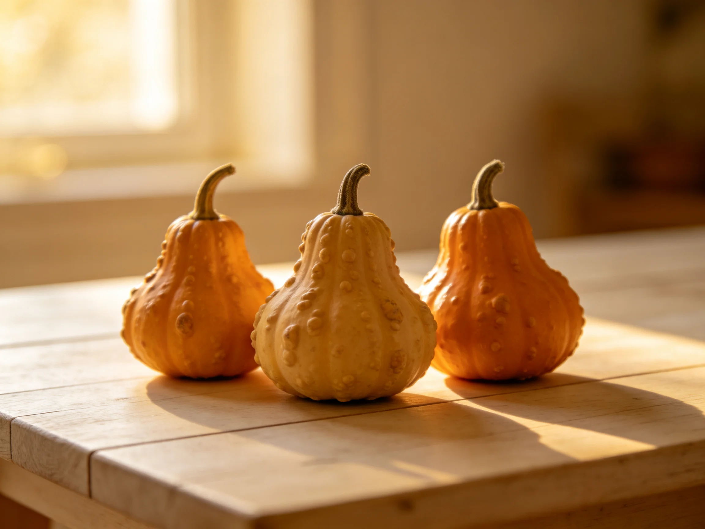 Three small orange and beige gourds rest on a wooden surface bathed in warm sunlight