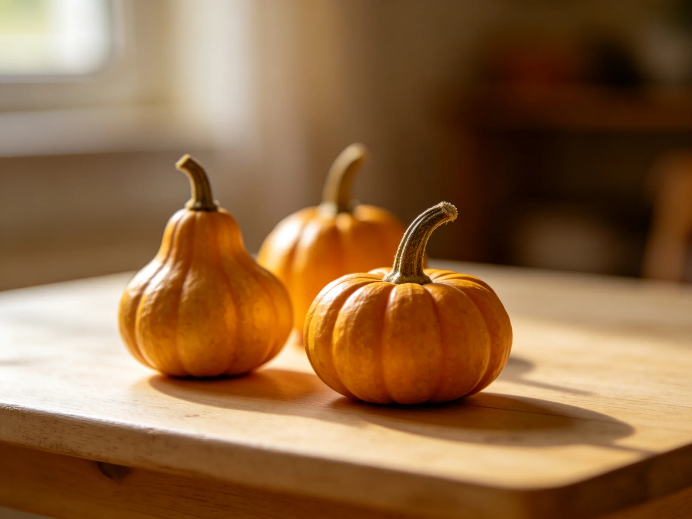 Three small orange gourds arranged on a wooden table with warm lighting