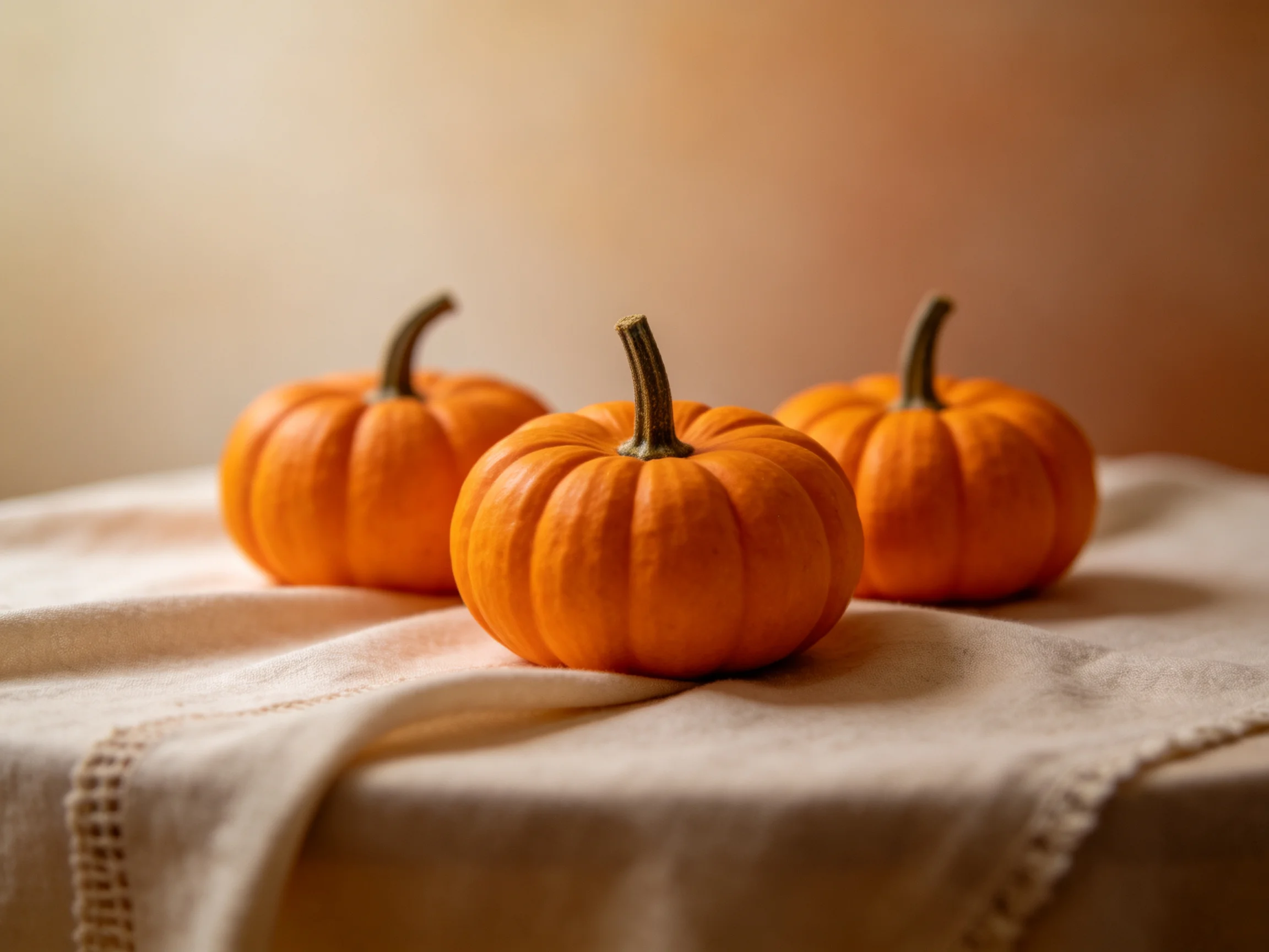 Three small orange pumpkins arranged on a cream-colored fabric