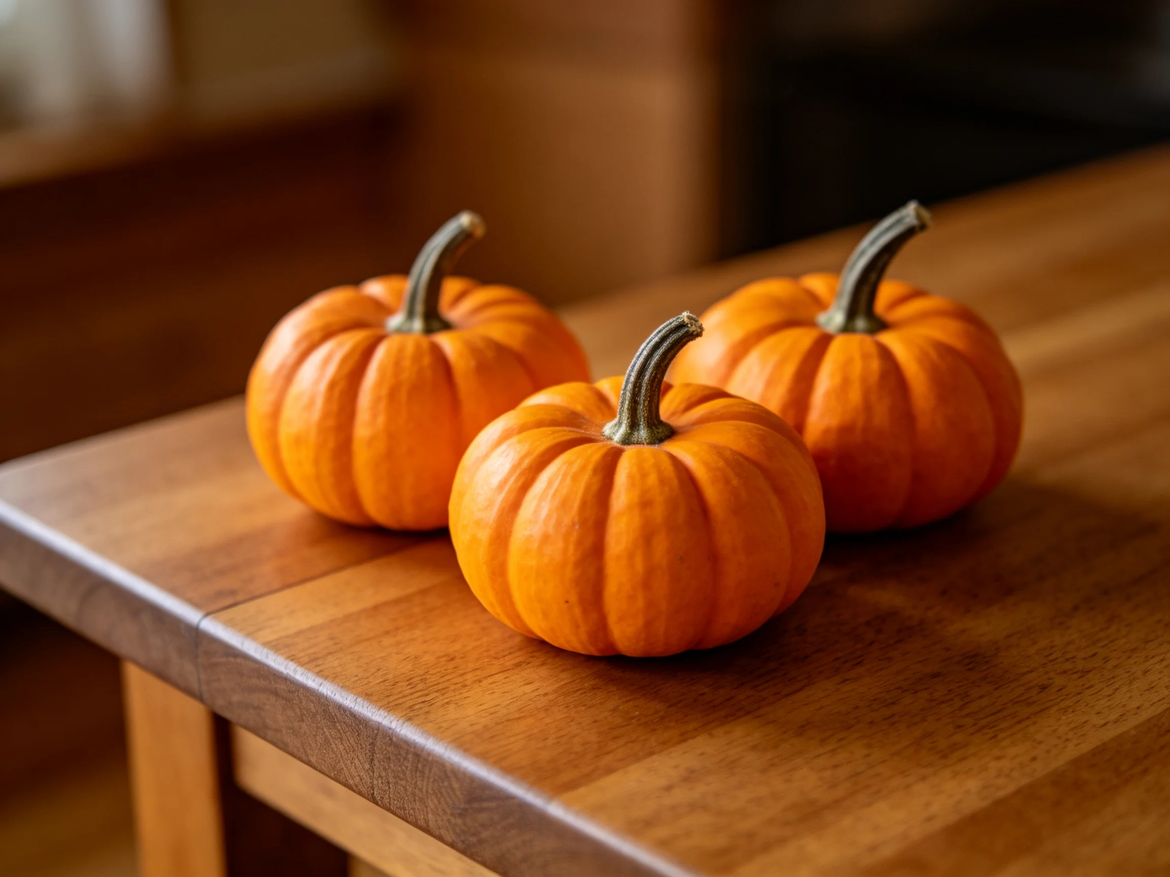 Three small orange pumpkins arranged on a polished wooden table
