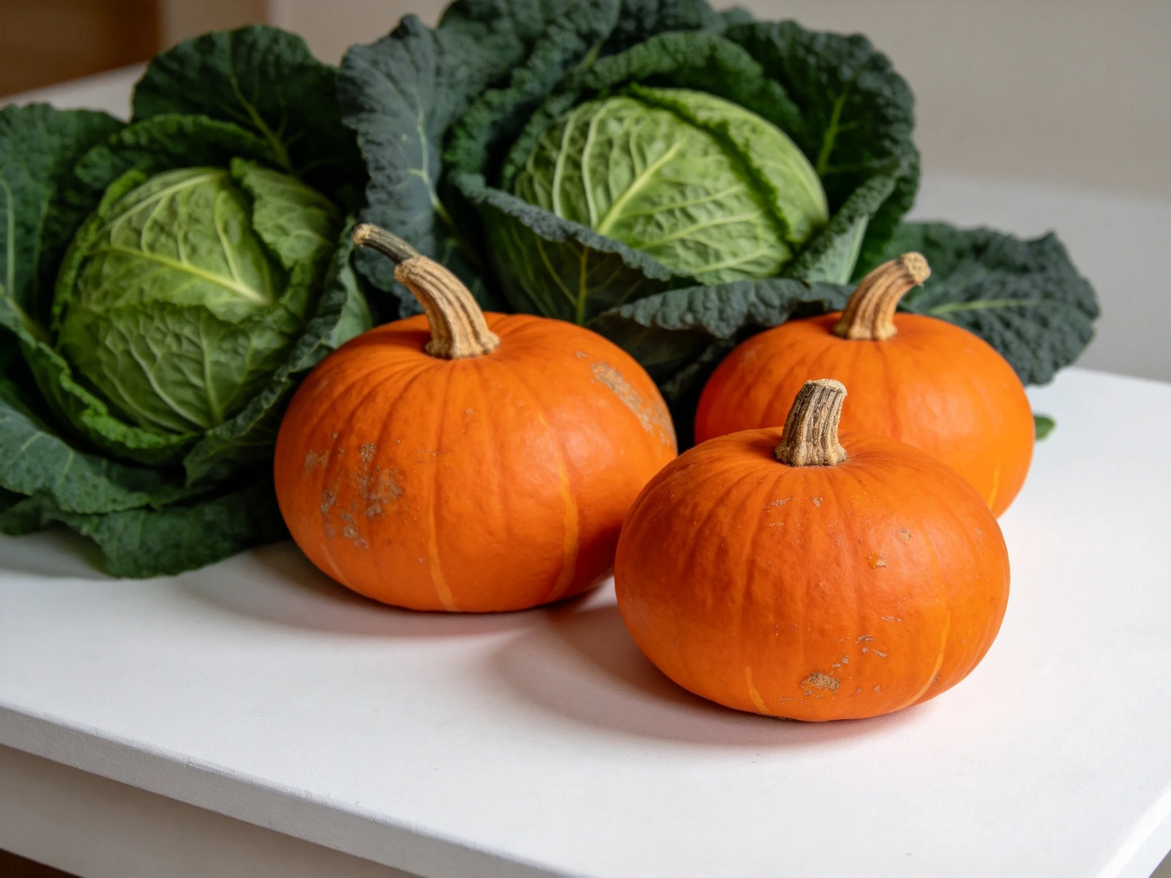 Three small orange pumpkins beside two large green cabbages