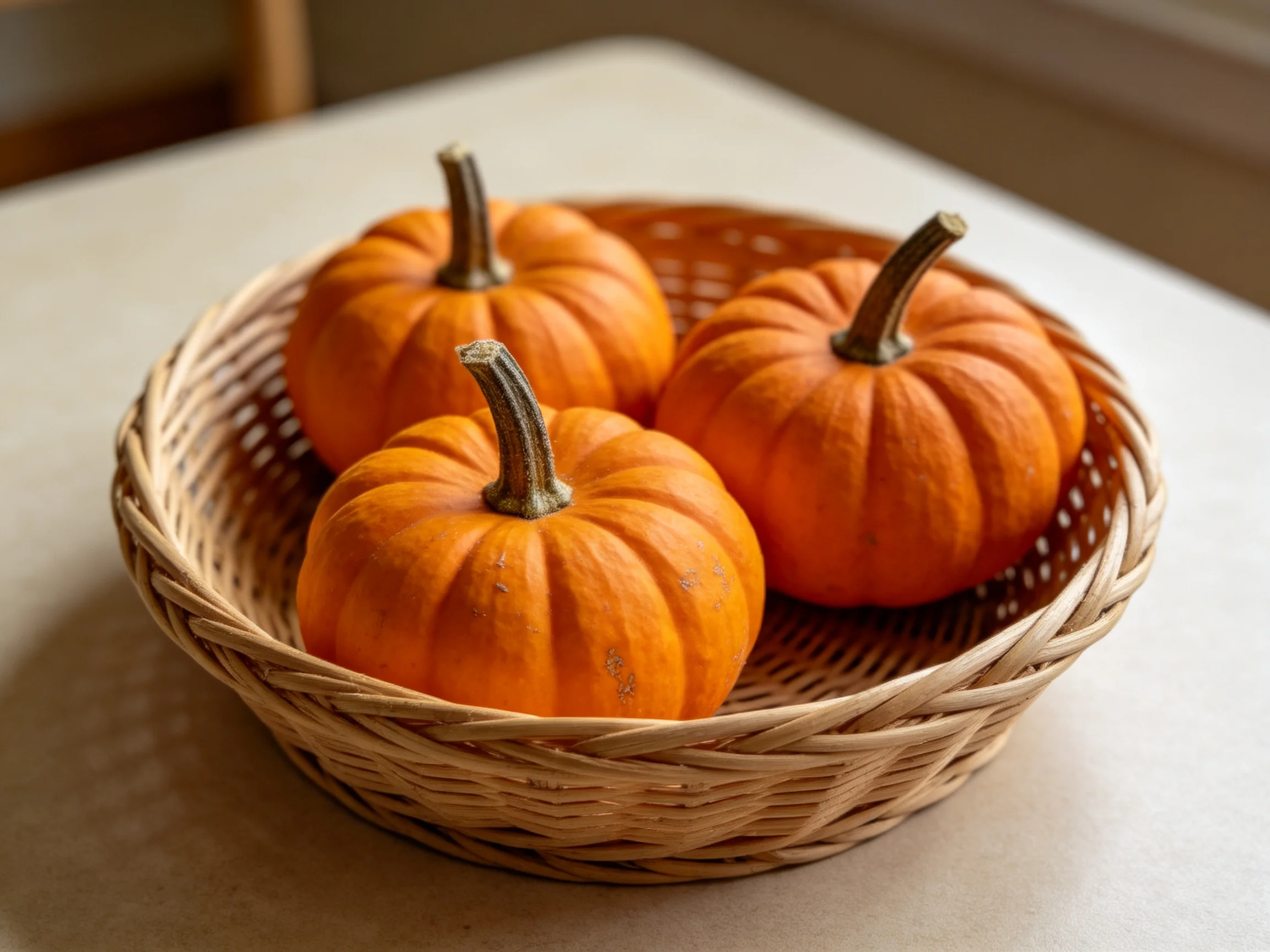 Three small orange pumpkins in a woven basket on a table