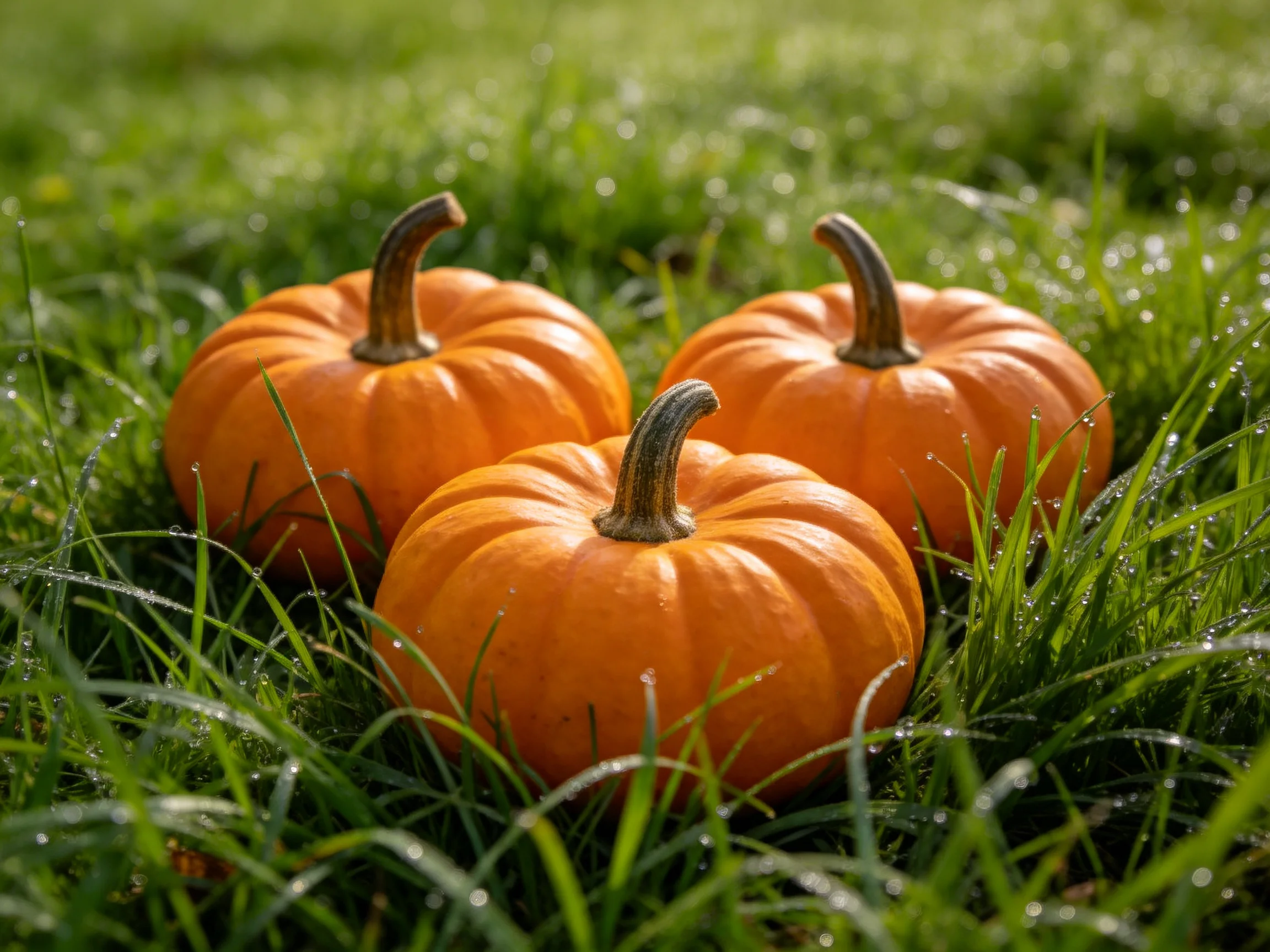 Three small orange pumpkins rest among dewy green grass