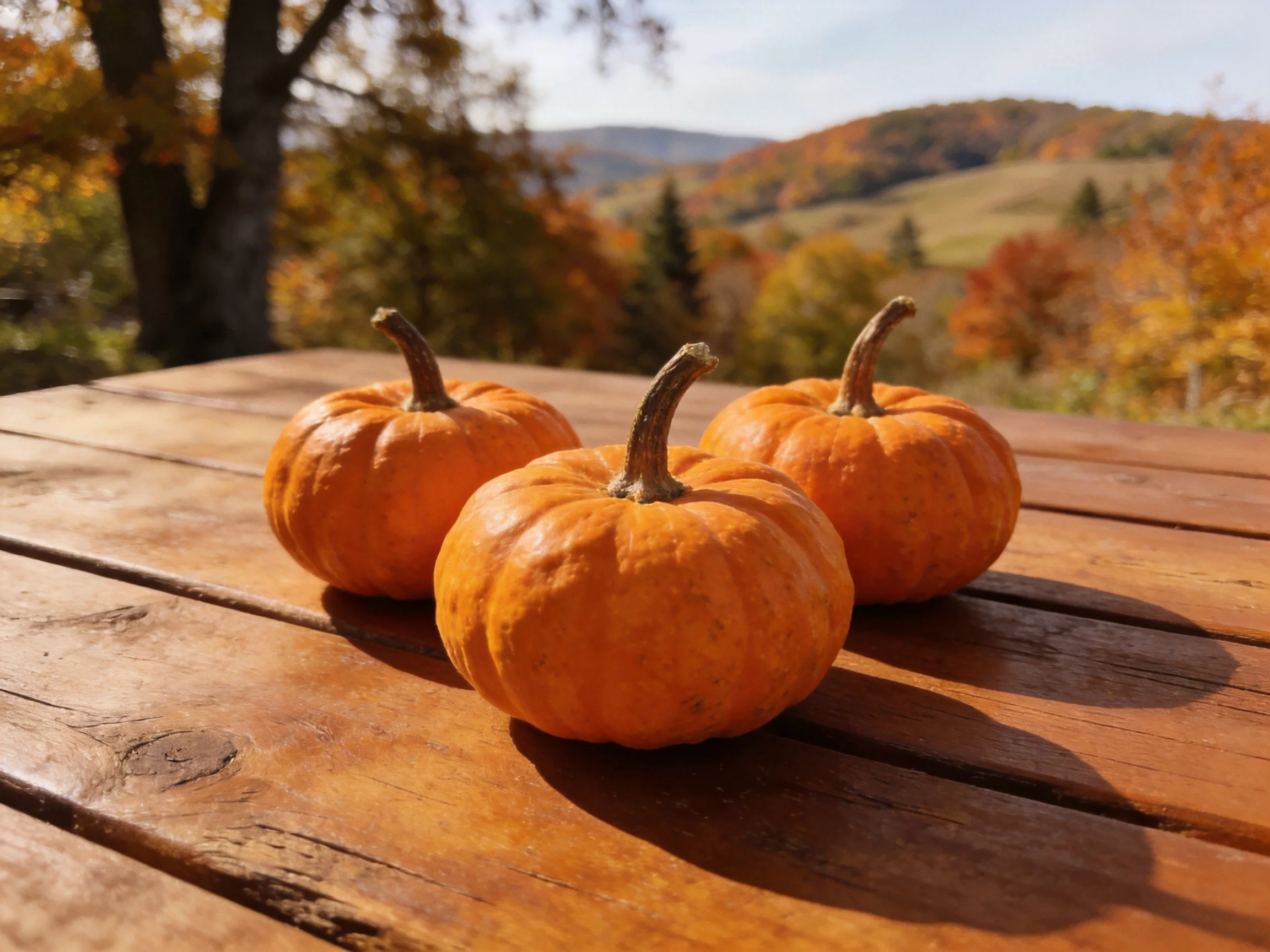 Three small orange pumpkins rest on a wooden table with autumn scenery