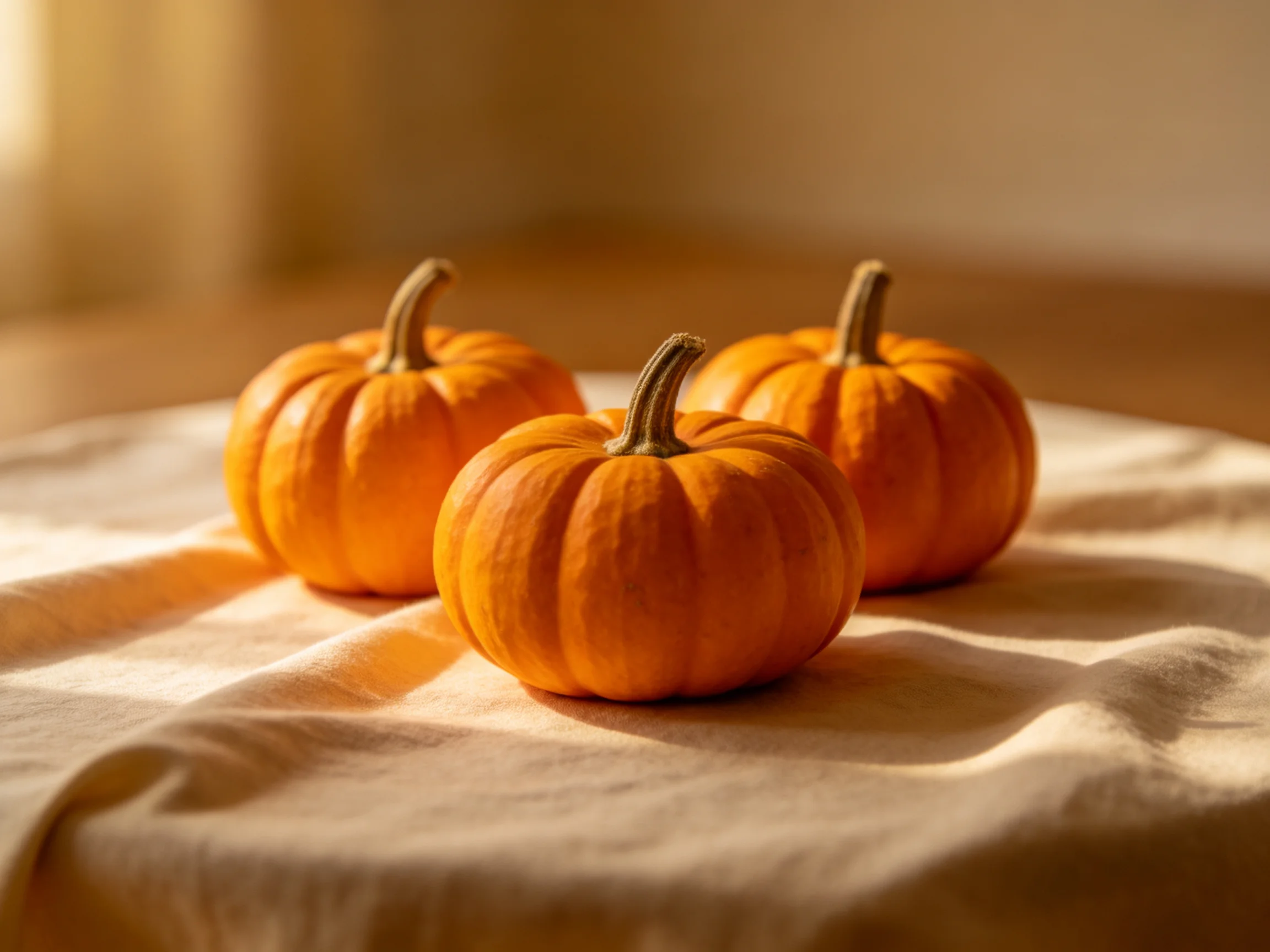 Three small orange pumpkins sit atop a soft beige cloth