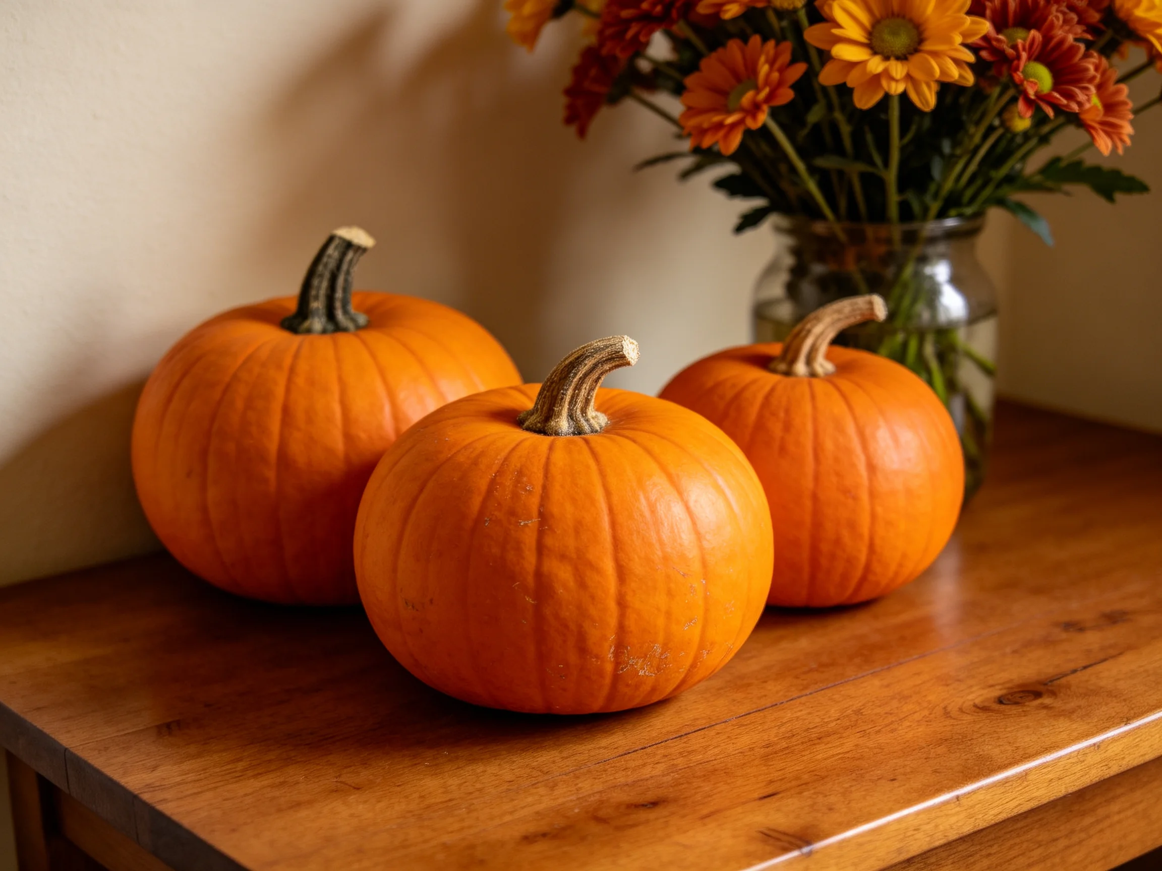 Three small orange pumpkins sit on a polished wooden table beside a glass vase with autumn flowers