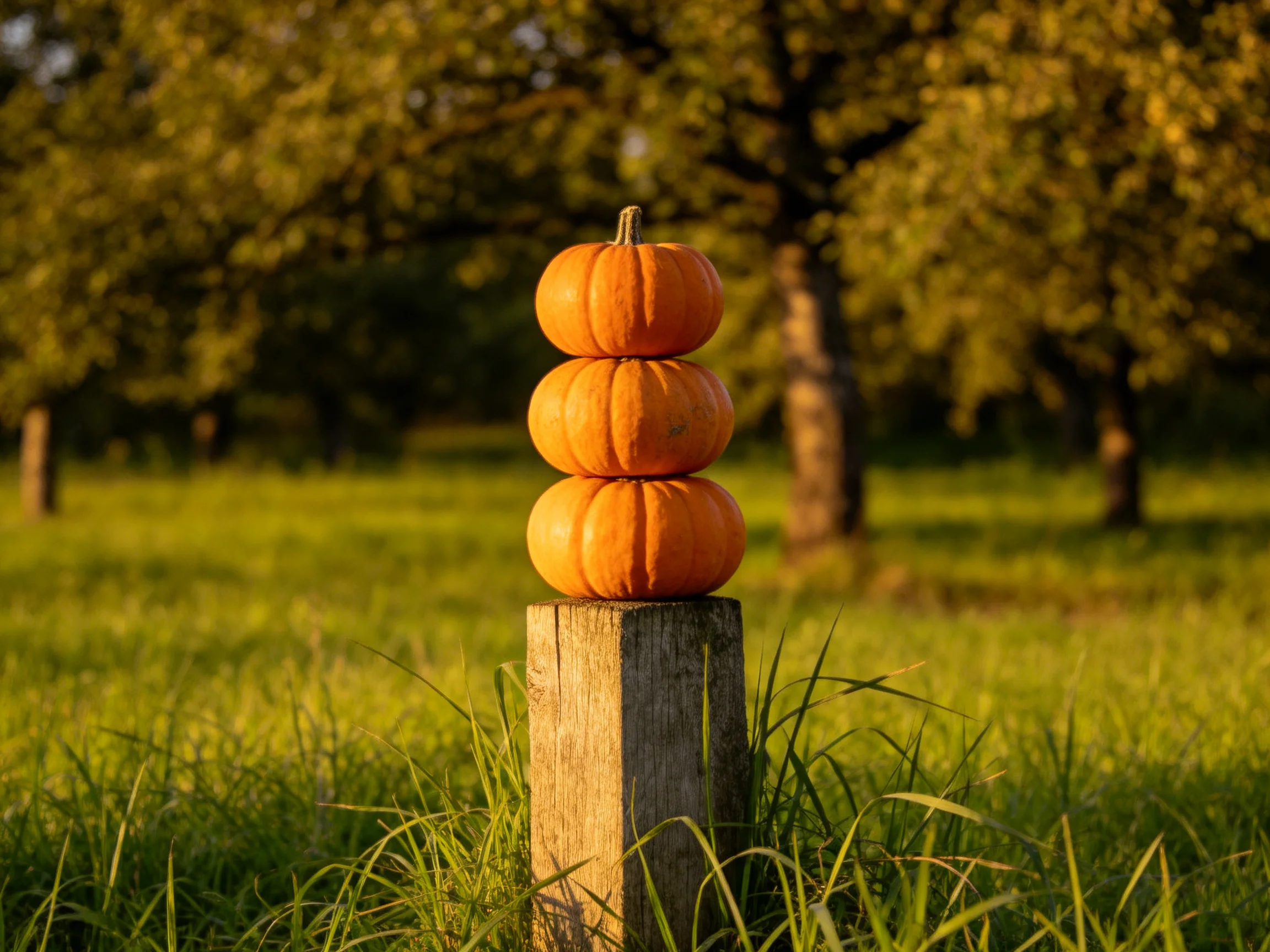 Three small orange pumpkins stacked on a weathered wooden post in a sunlit meadow