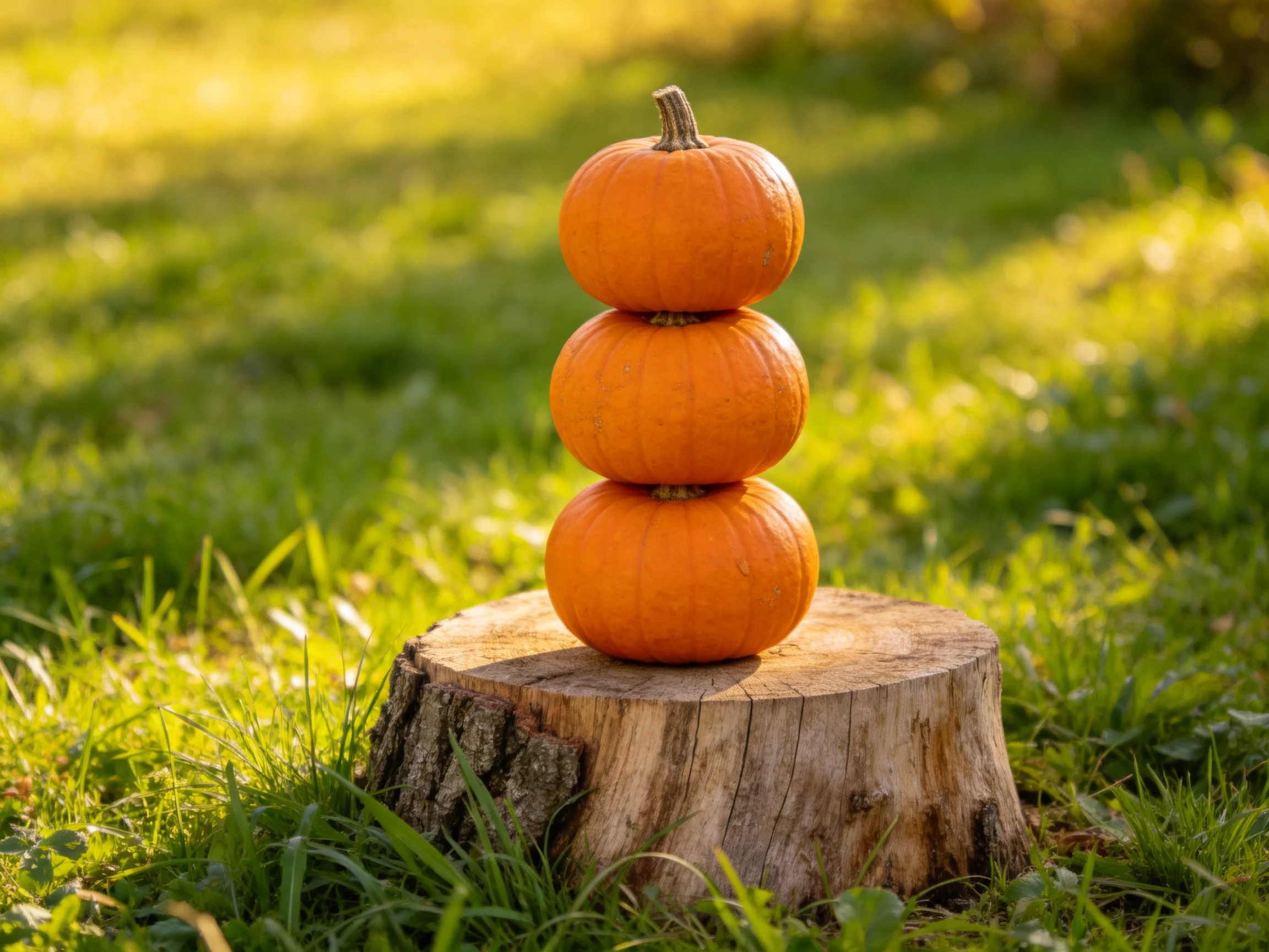 Three small orange pumpkins stacked on a wooden tree stump in a sunlit grassy field