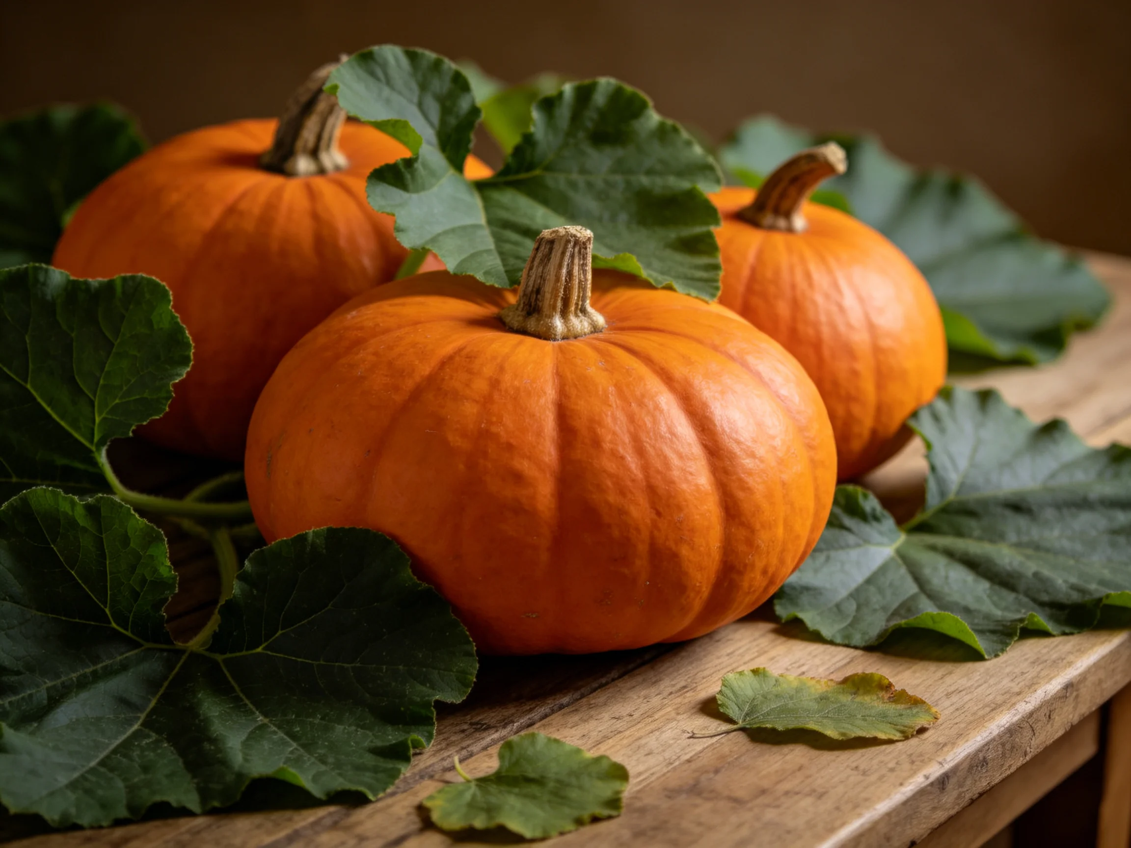 Three small orange pumpkins surrounded by large green leaves on a rustic wooden table