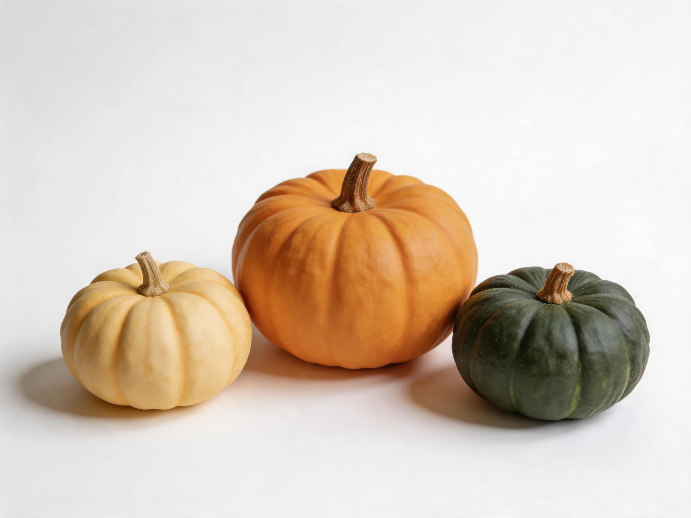 Three small pumpkins in beige, orange, and dark green
