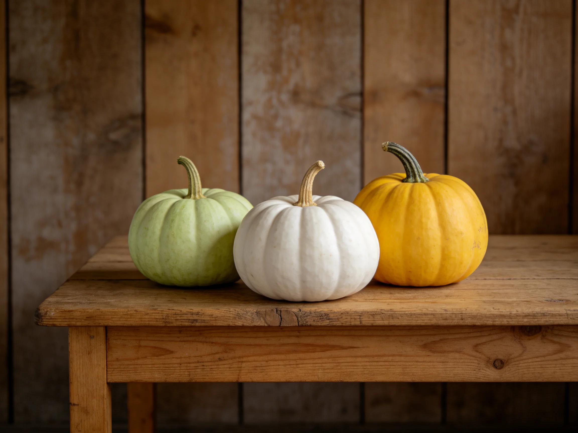 Three small pumpkins in green, white, and yellow arranged on a rustic wooden table