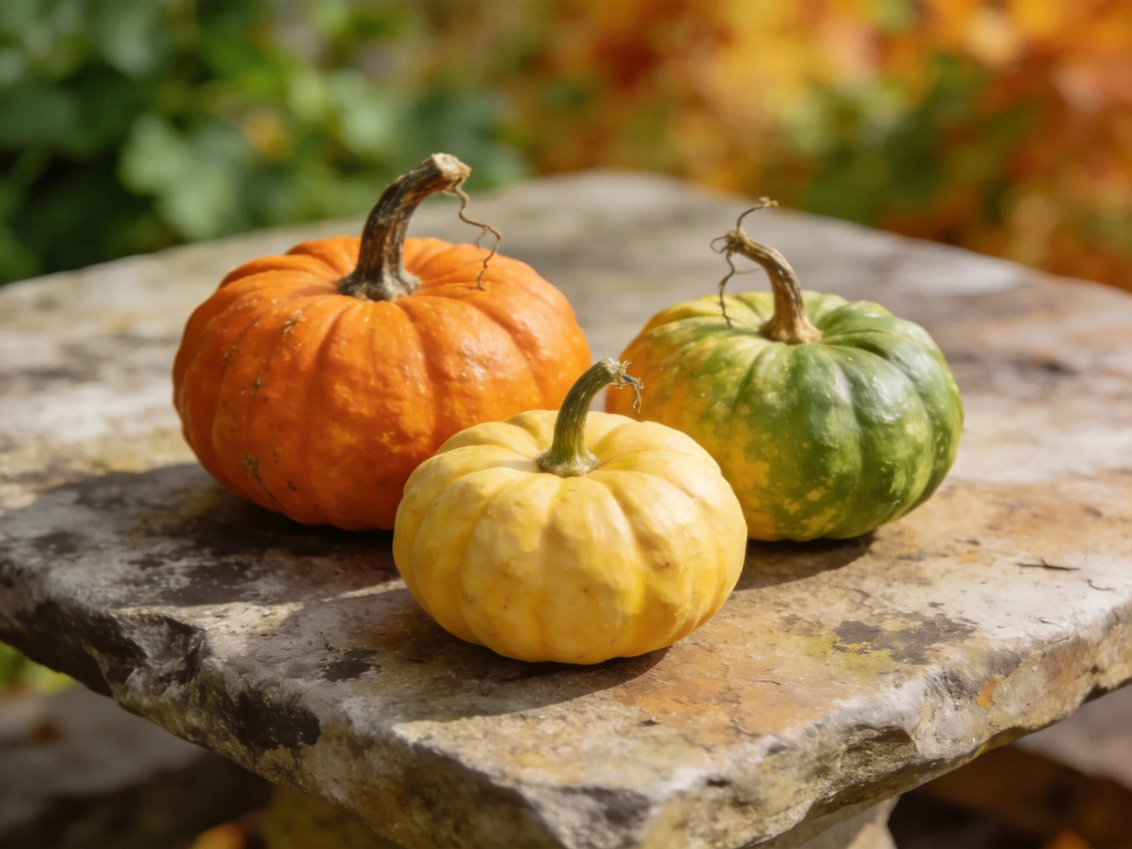 Three small pumpkins in orange, yellow, and green sit atop a weathered stone table