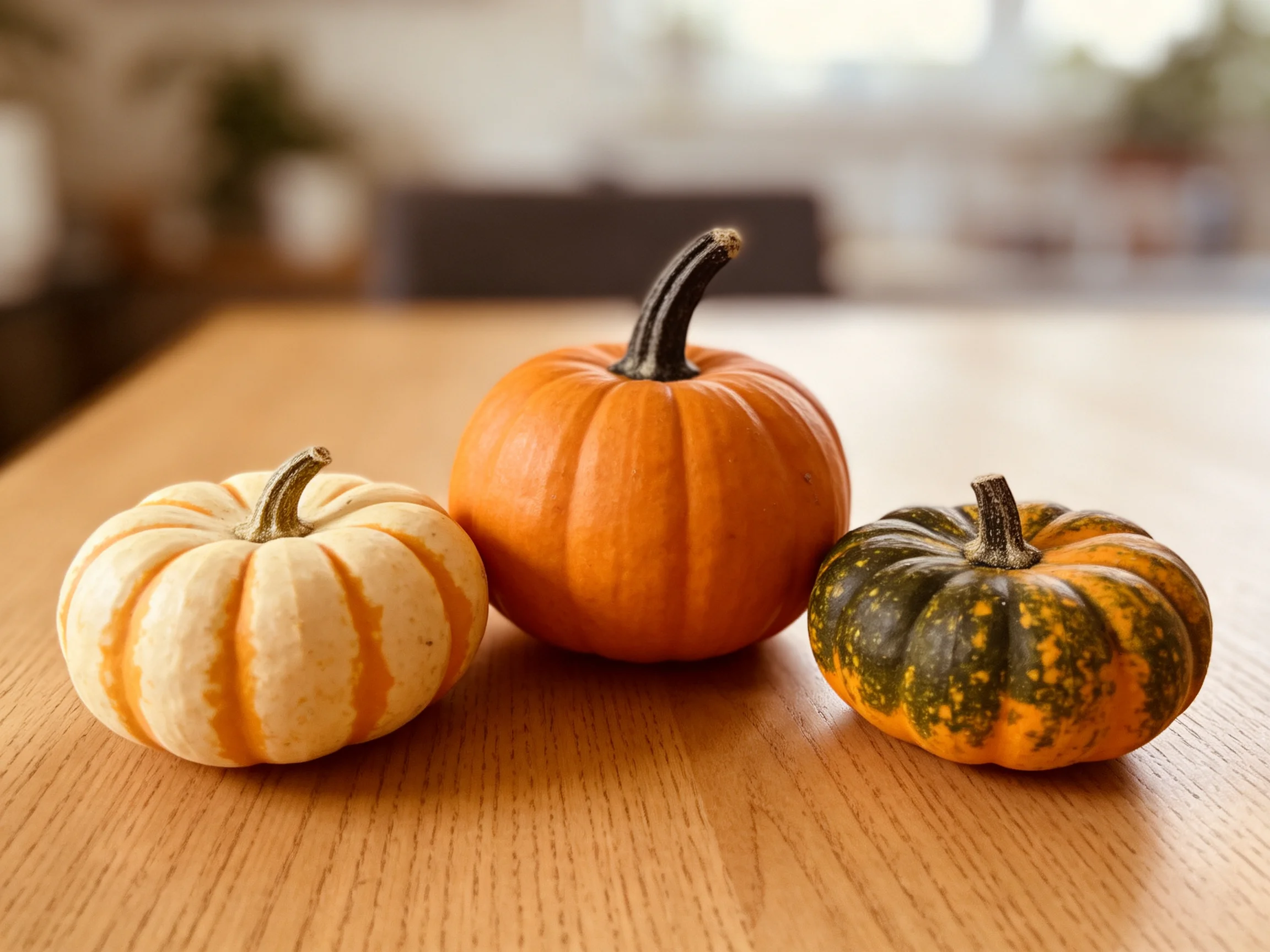 Three small pumpkins in varied colors rest on a wooden table