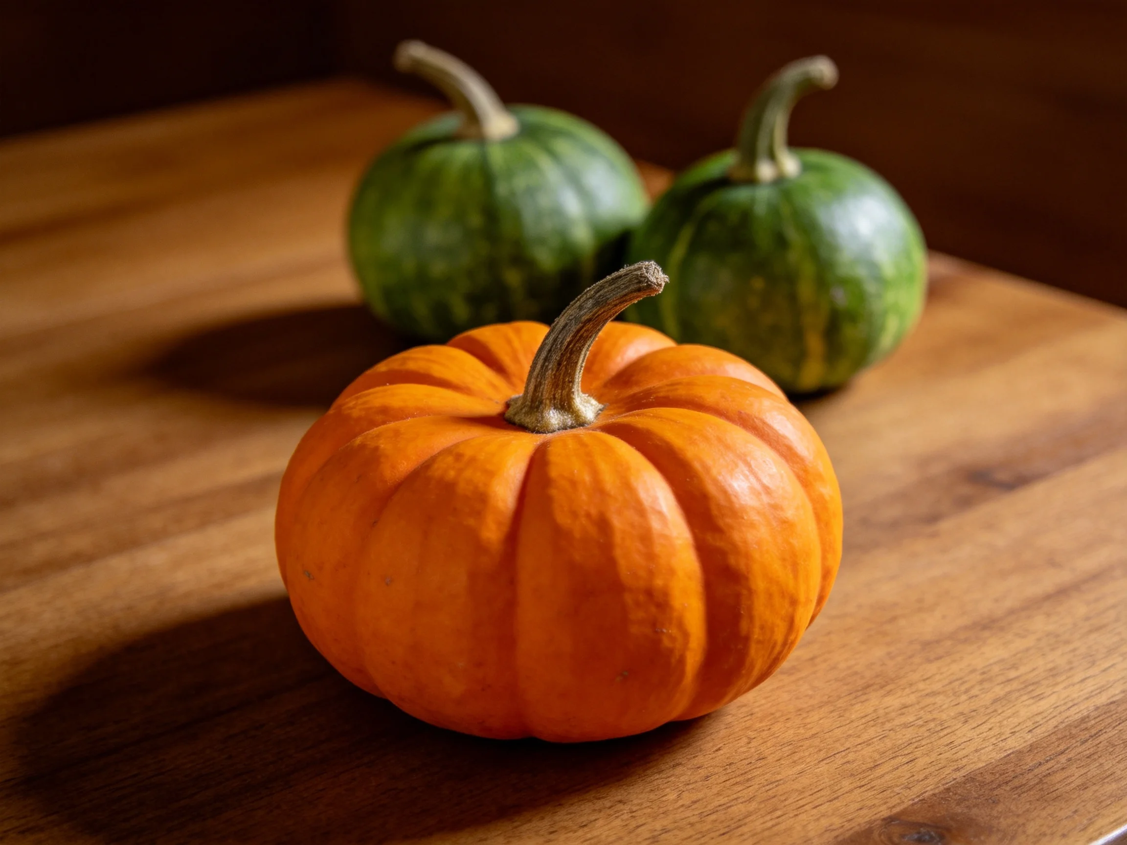 Three small pumpkins, orange and green, rest on a wooden surface.