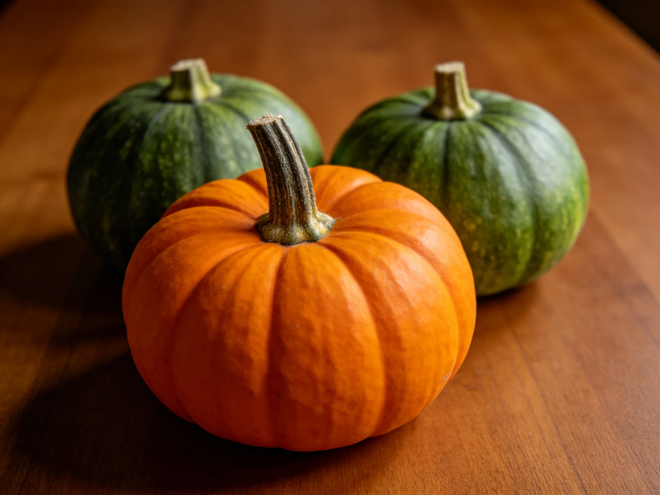 Three small pumpkins, two green and one orange, arranged on a wooden surface.
