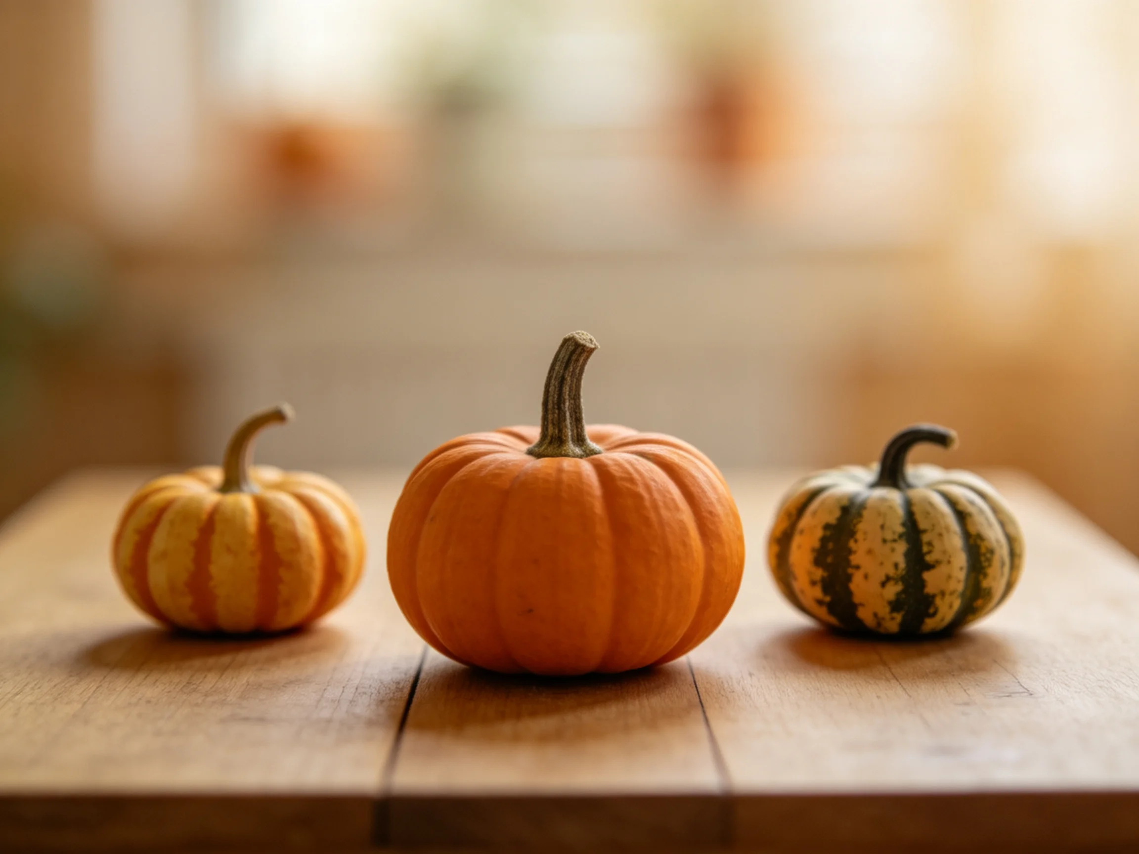 Three small pumpkins with varied colors and patterns sit on a wooden table