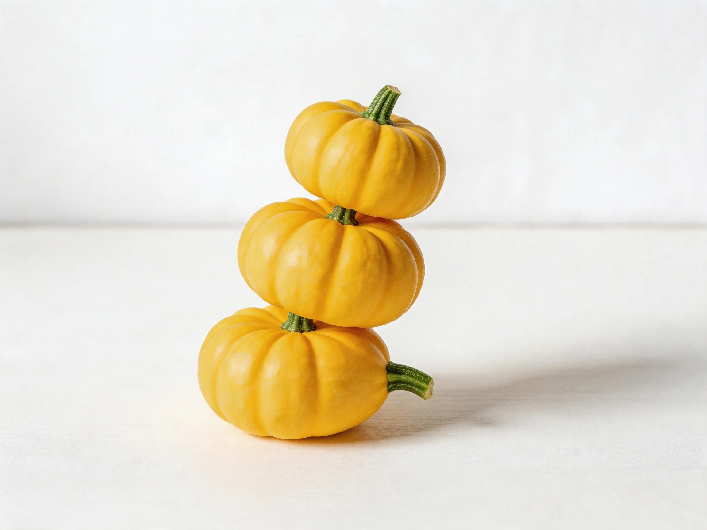 Three small yellow pumpkins stacked vertically with green stems