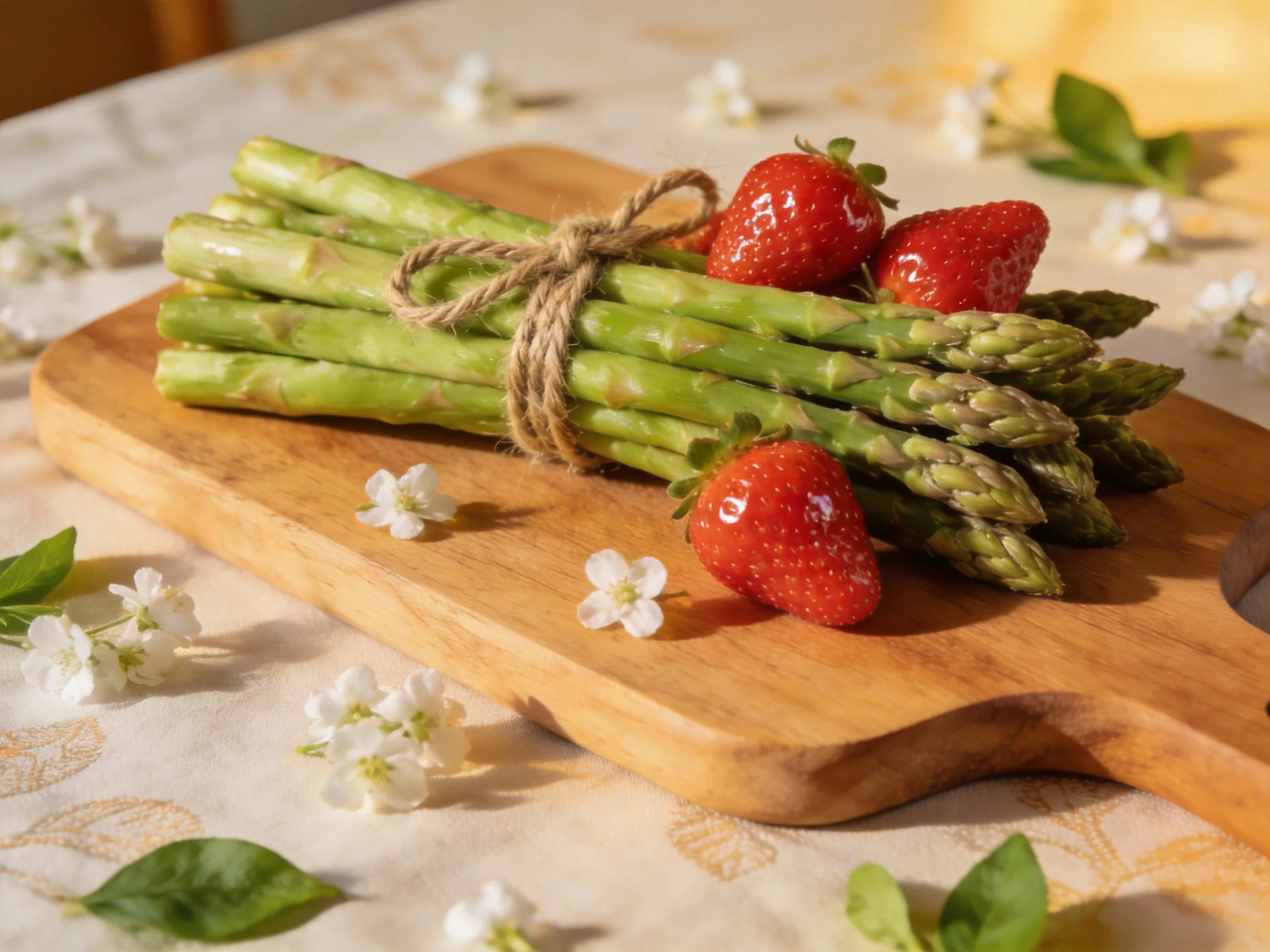 Three strawberries accompany a tied bundle of fresh green asparagus on a wooden serving board