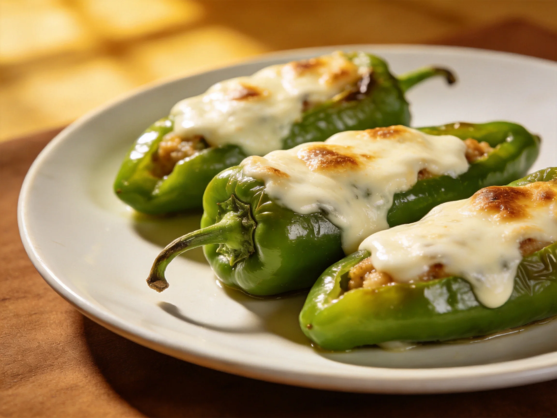 Three stuffed green peppers with melted golden-brown cheese on a white plate