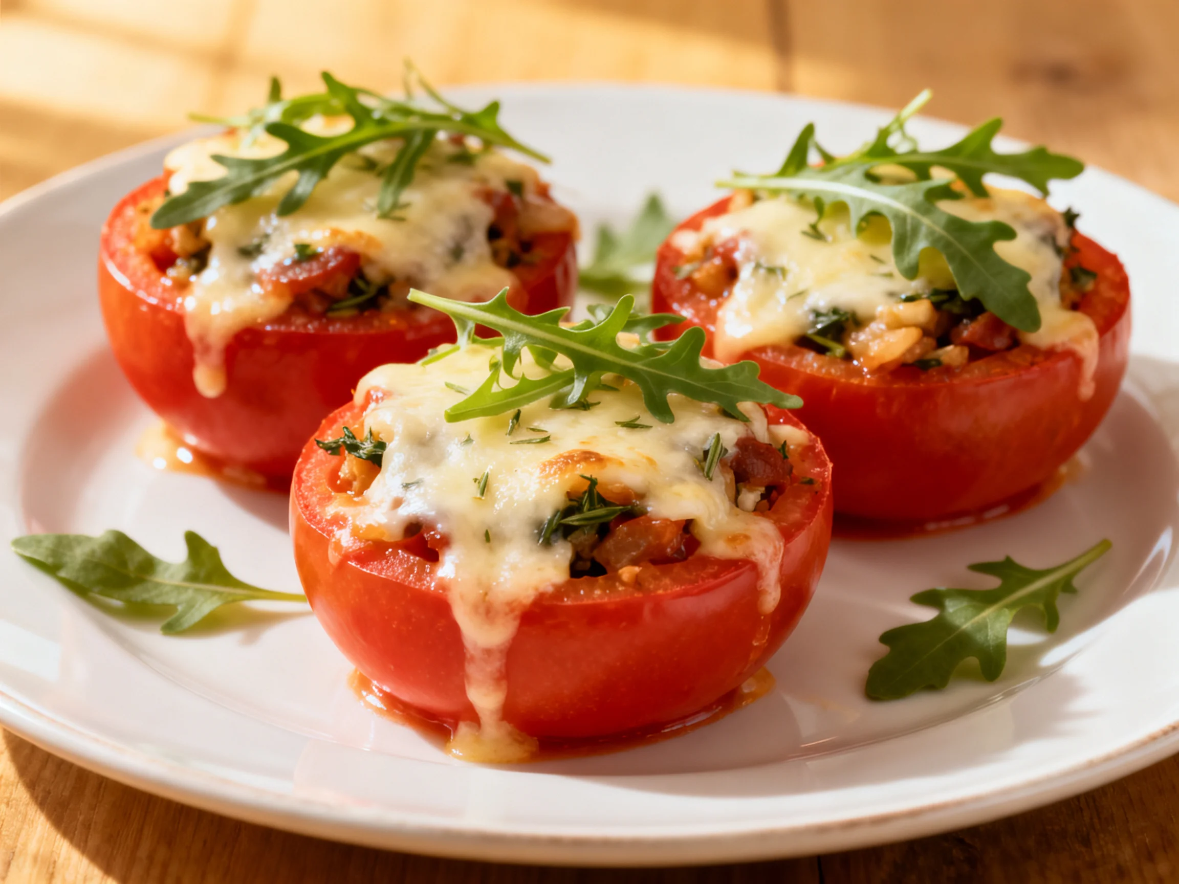 Three stuffed tomatoes topped with melted cheese and fresh arugula greens