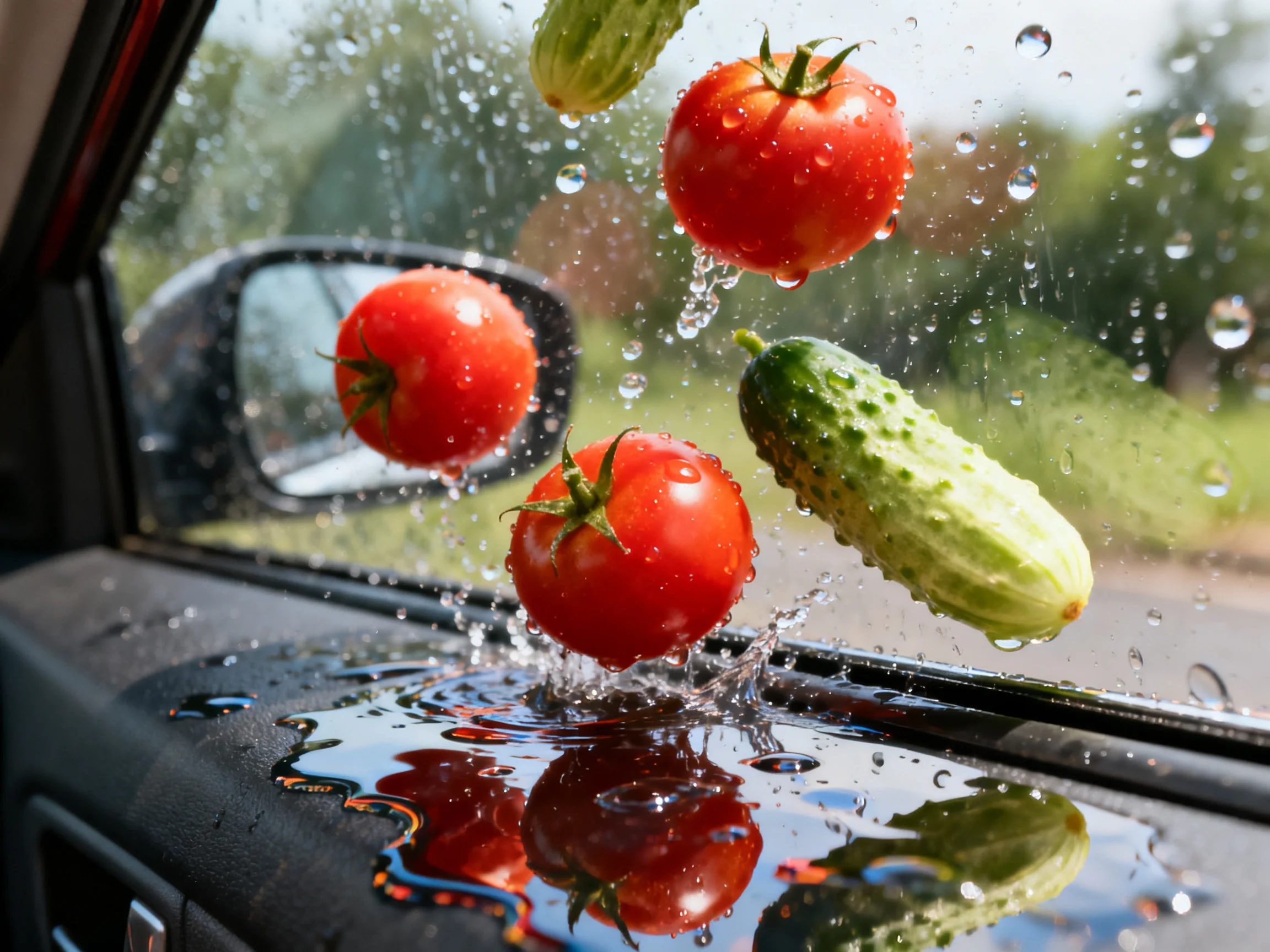 Three tomatoes and two cucumbers splash against a wet car window with water droplets