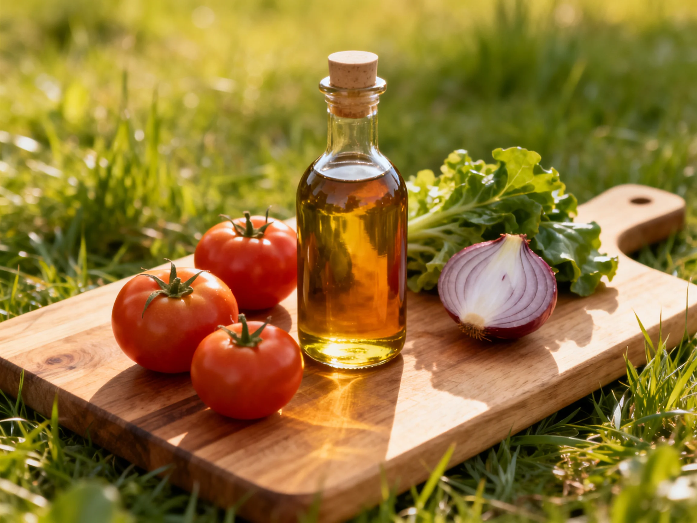 Three tomatoes, olive oil, and vegetables arranged on a wooden cutting board outdoors