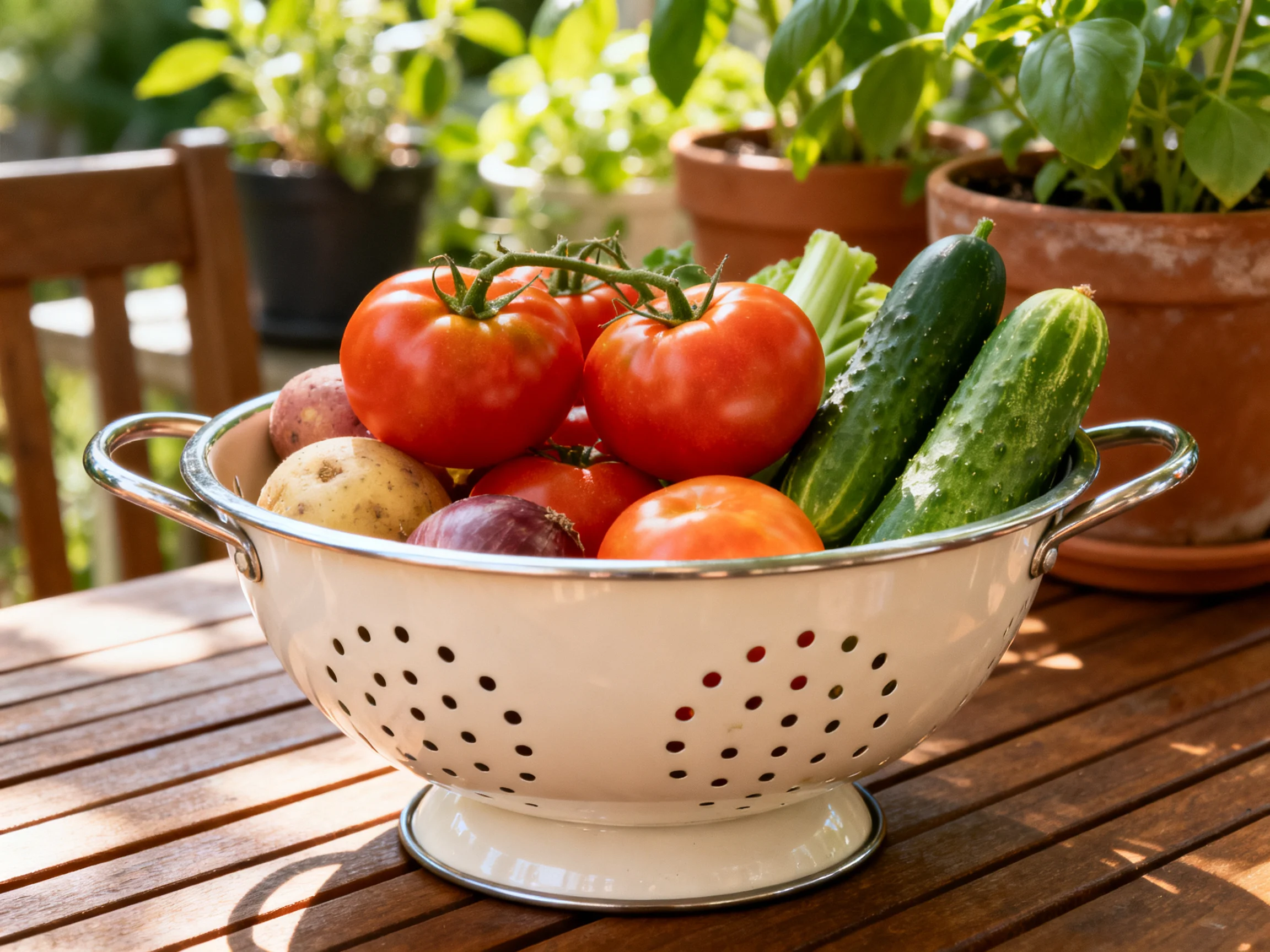 Three tomatoes, two cucumbers, potatoes in a white colander on wooden patio table