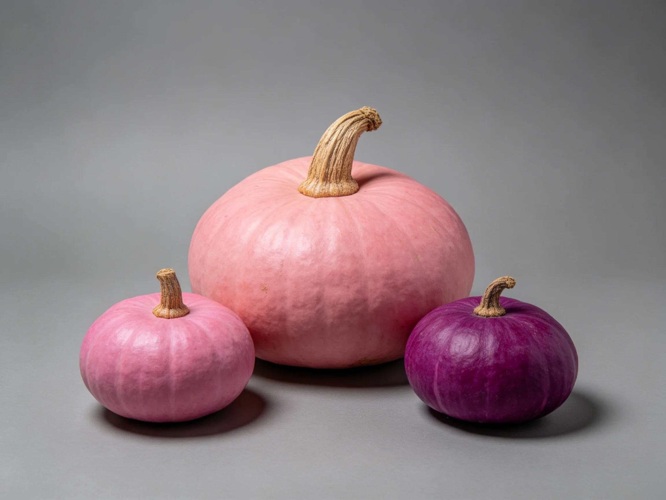 Three uniquely colored pumpkins—pink and purple—with varied sizes