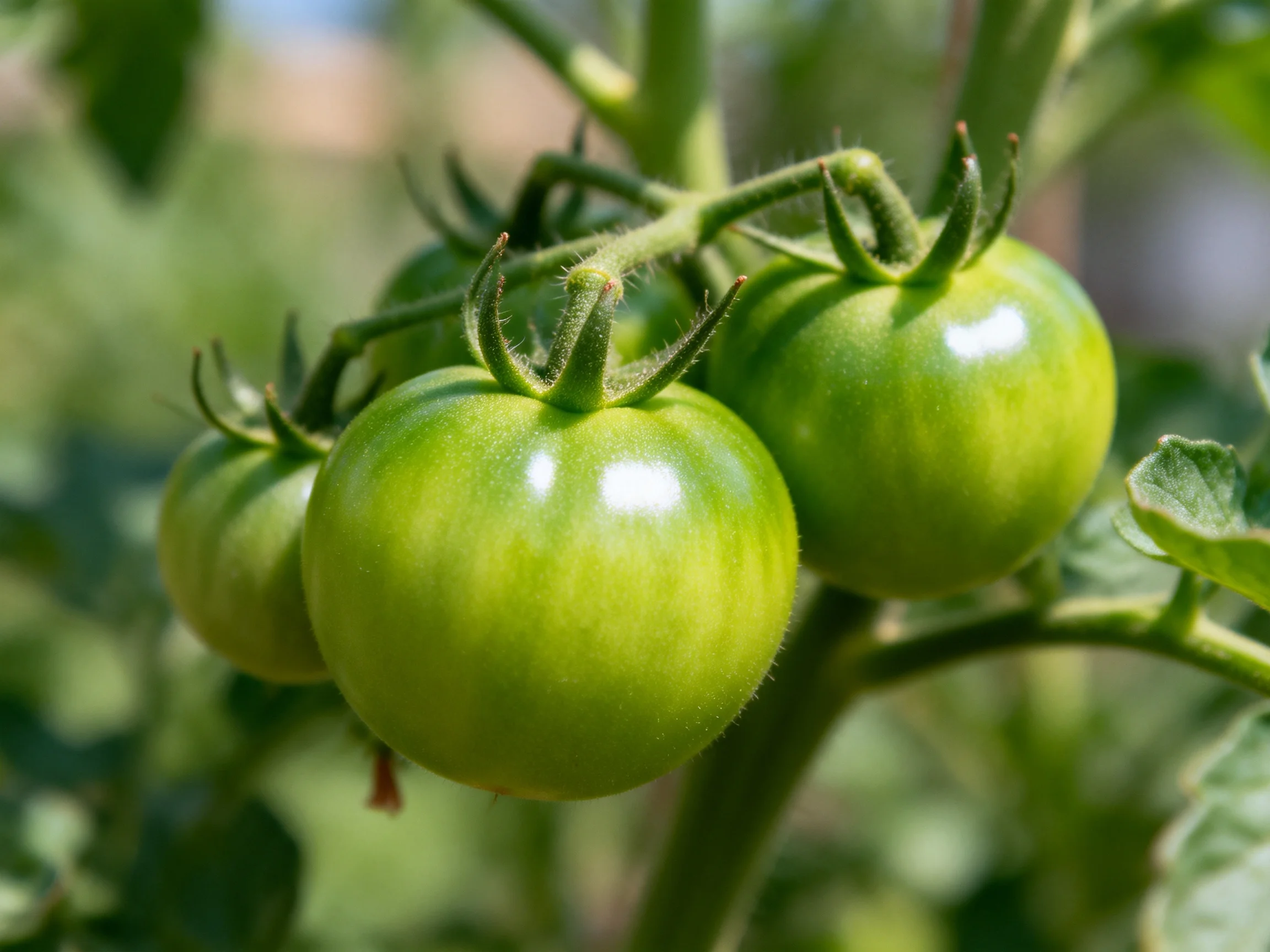 Three unripe green tomatoes cluster on a vine with lush foliage
